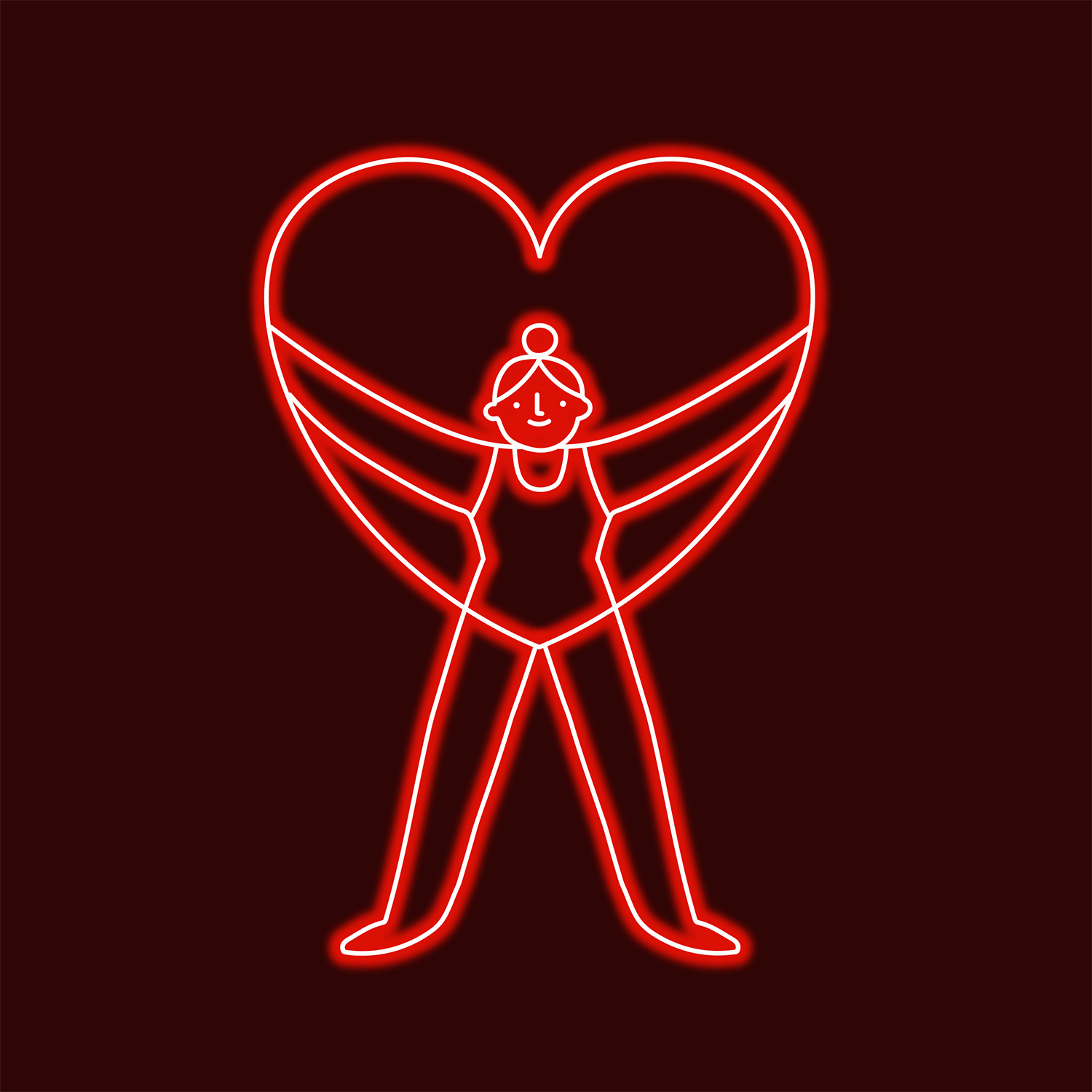Illustration of a neon sign featuring a woman holding a heart-shape, glowing brightly with vibrant colors