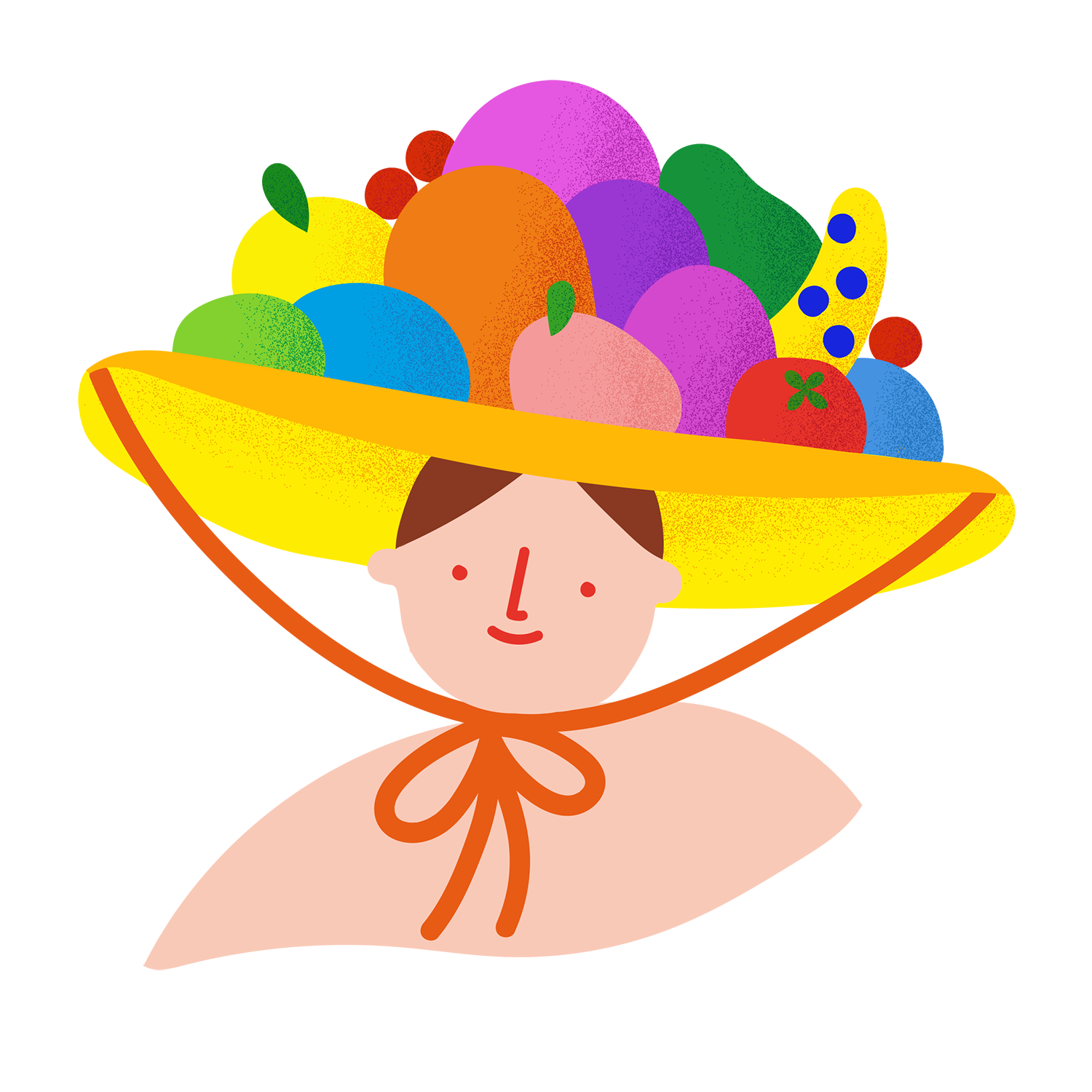 An illustration of a woman wearing a hat bursting with colorful fruits