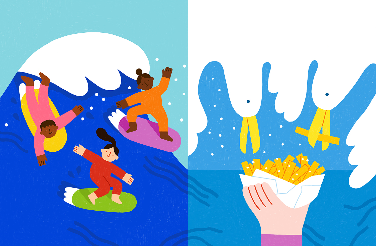 Illustration of three surfers catching waves and indulging in fries by the seaside