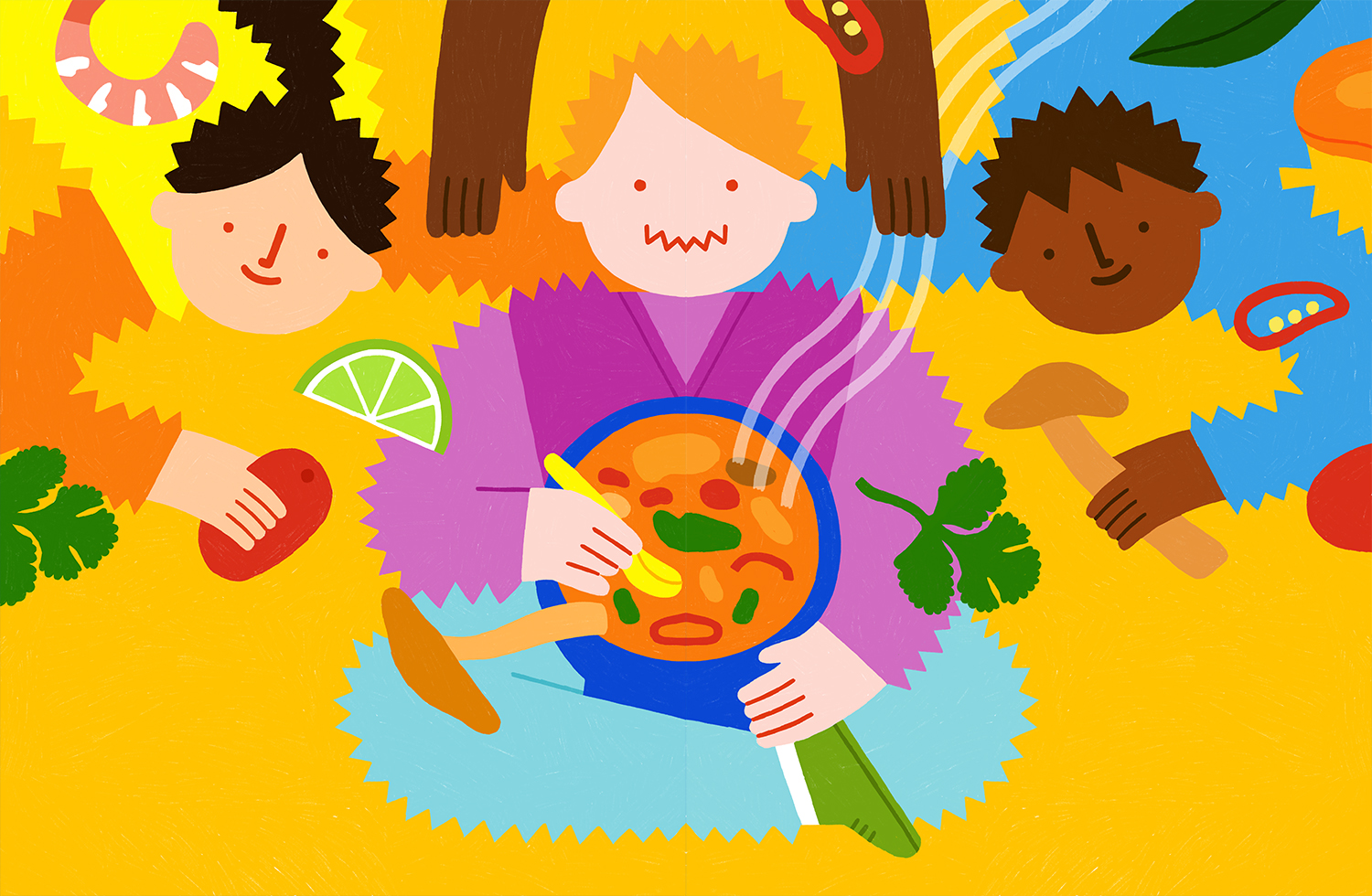 A colorful illustration of people sharing an asian meal and drinks