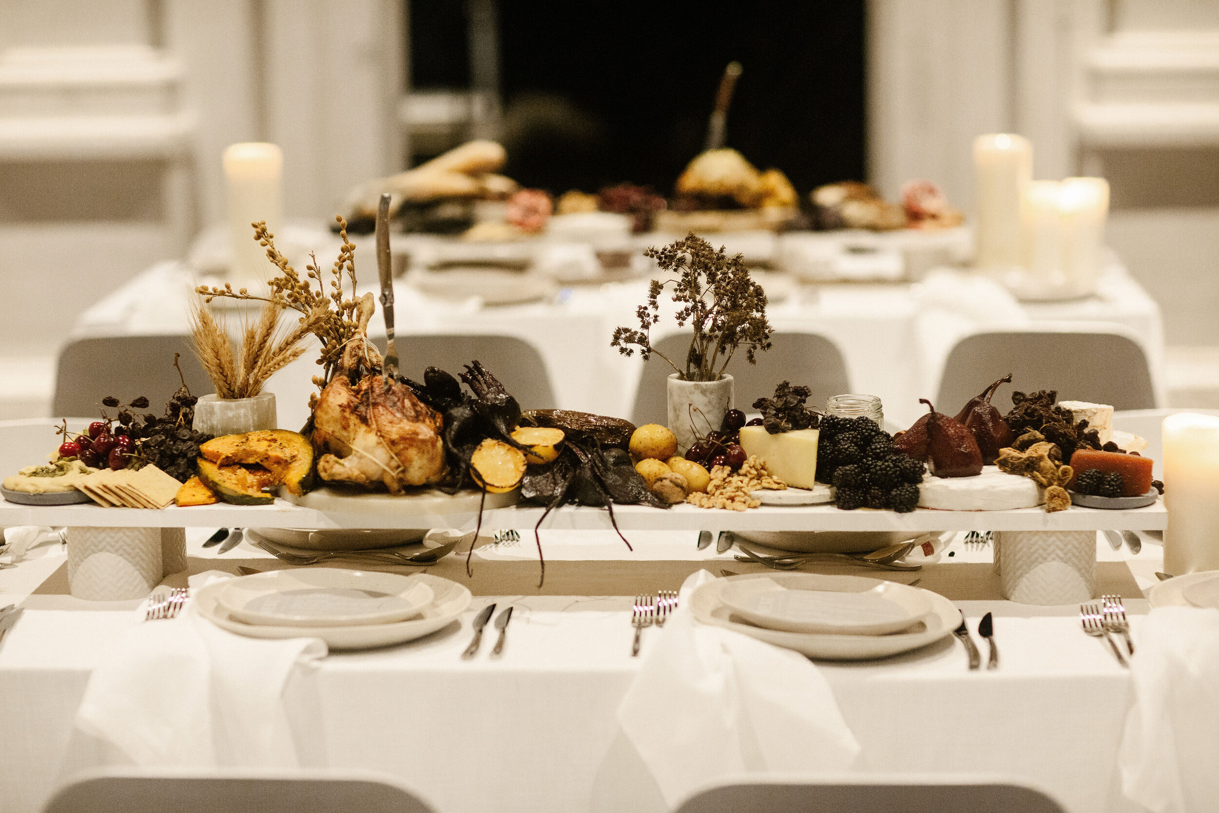  Venue: Moana Hall  Stylist &amp; Florals: Travelling Jaspers (Amber Jasper)  Furniture Hire: M Events Hire  Tableware: Euphoric Events  Food: Fraser’s Events &amp; Catering 