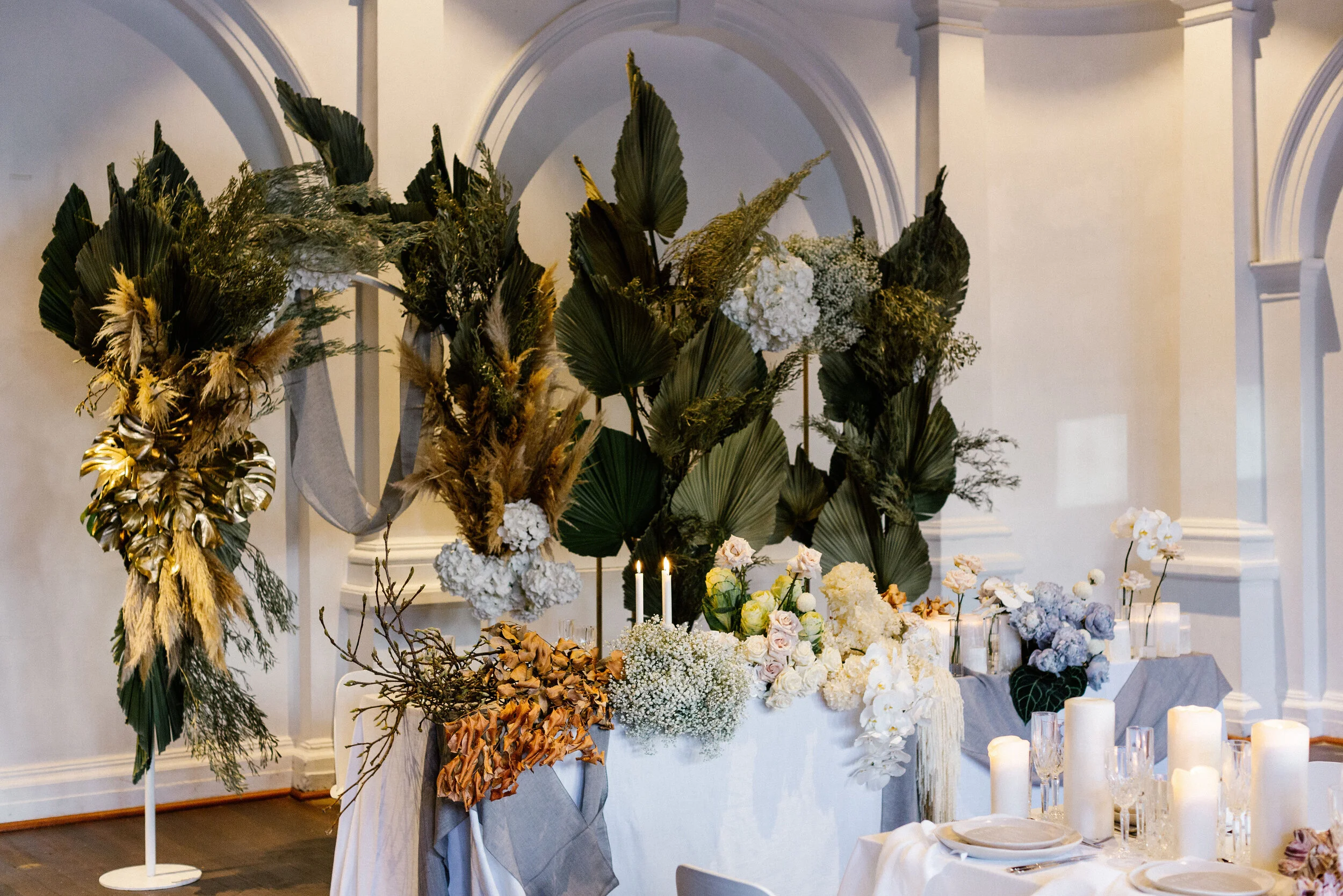  Venue: Moana Hall  Stylist &amp; Florals: Travelling Jaspers (Amber Jasper)  Furniture Hire: M Events Hire  Tableware: Euphoric Events  Food: Fraser’s Events &amp; Catering 