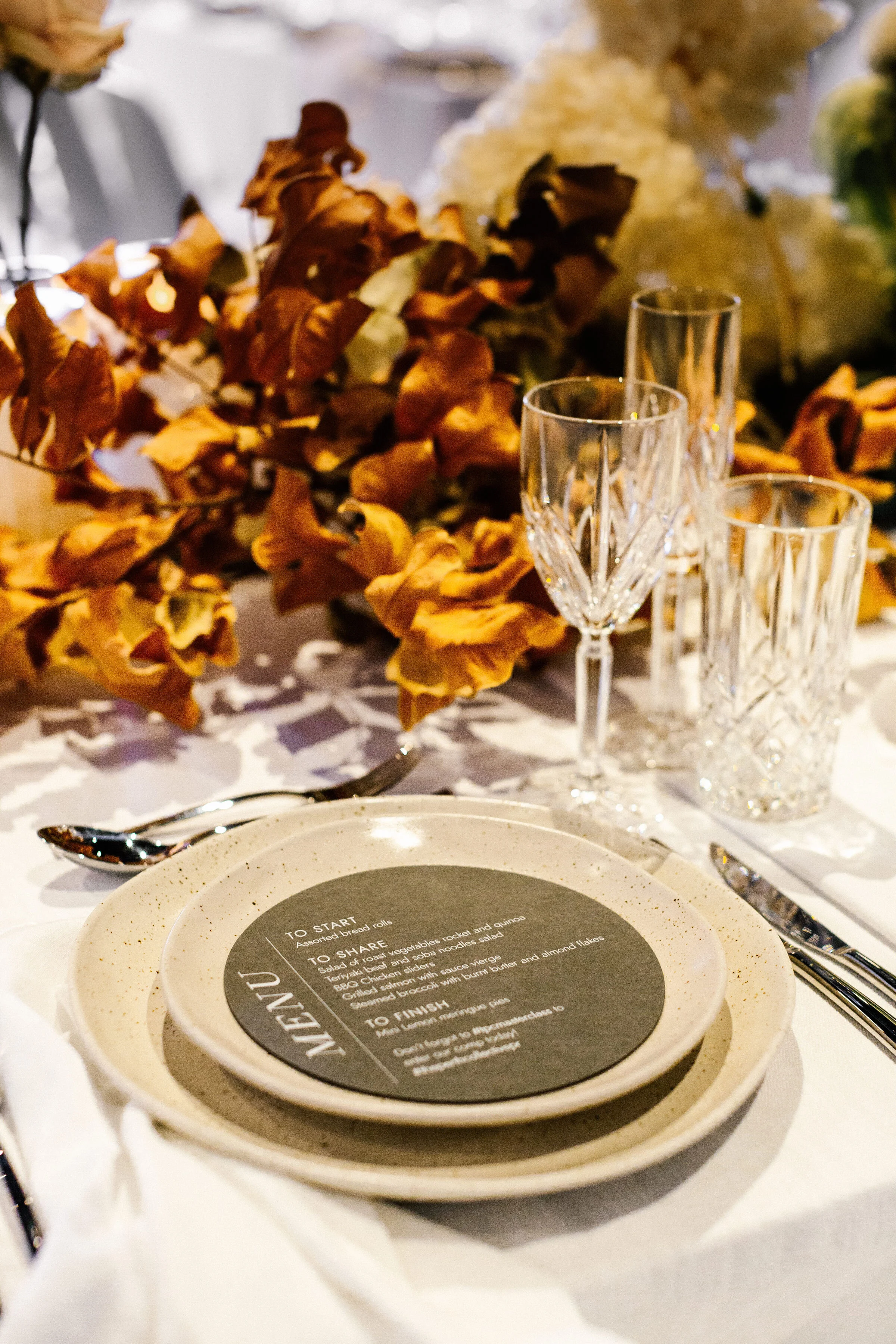  Venue: Moana Hall  Stylist &amp; Florals: Travelling Jaspers (Amber Jasper)  Furniture Hire: M Events Hire  Tableware: Euphoric Events  Food: Fraser’s Events &amp; Catering 