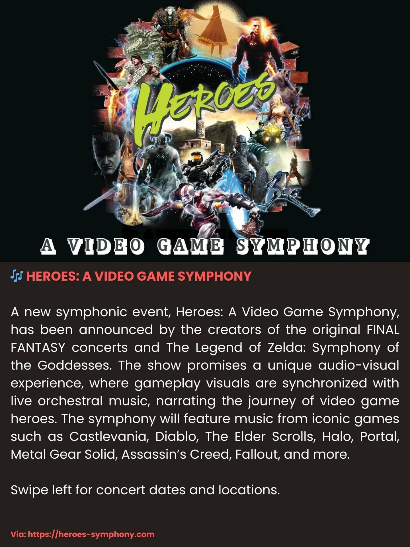 Heroes: A Video Game Symphony will be held this year in multiple cities, including Yerevan, Montr&eacute;al, and Toronto. 

For more information, visit: https://heroes-symphony.com

🎶🎮 #HeroesSymphony #VideoGameMusic #akirayamaoka #liveorchestra