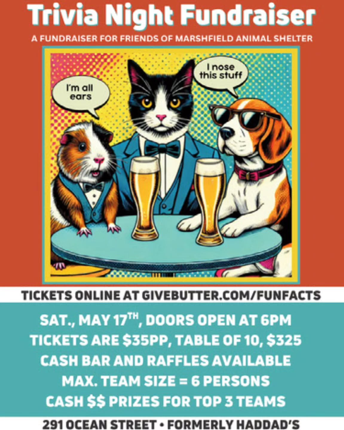 Tickets on sale now!

Join us for a fun and fact filled Trivia Night fundraiser on Saturday, May 17, 2025. 

Tickets available at givebutter.com/FunFacts

Doors open at 6pm. Trivia contest starts at 7pm. 
Location at 291 Ocean Street (formerly Haddad