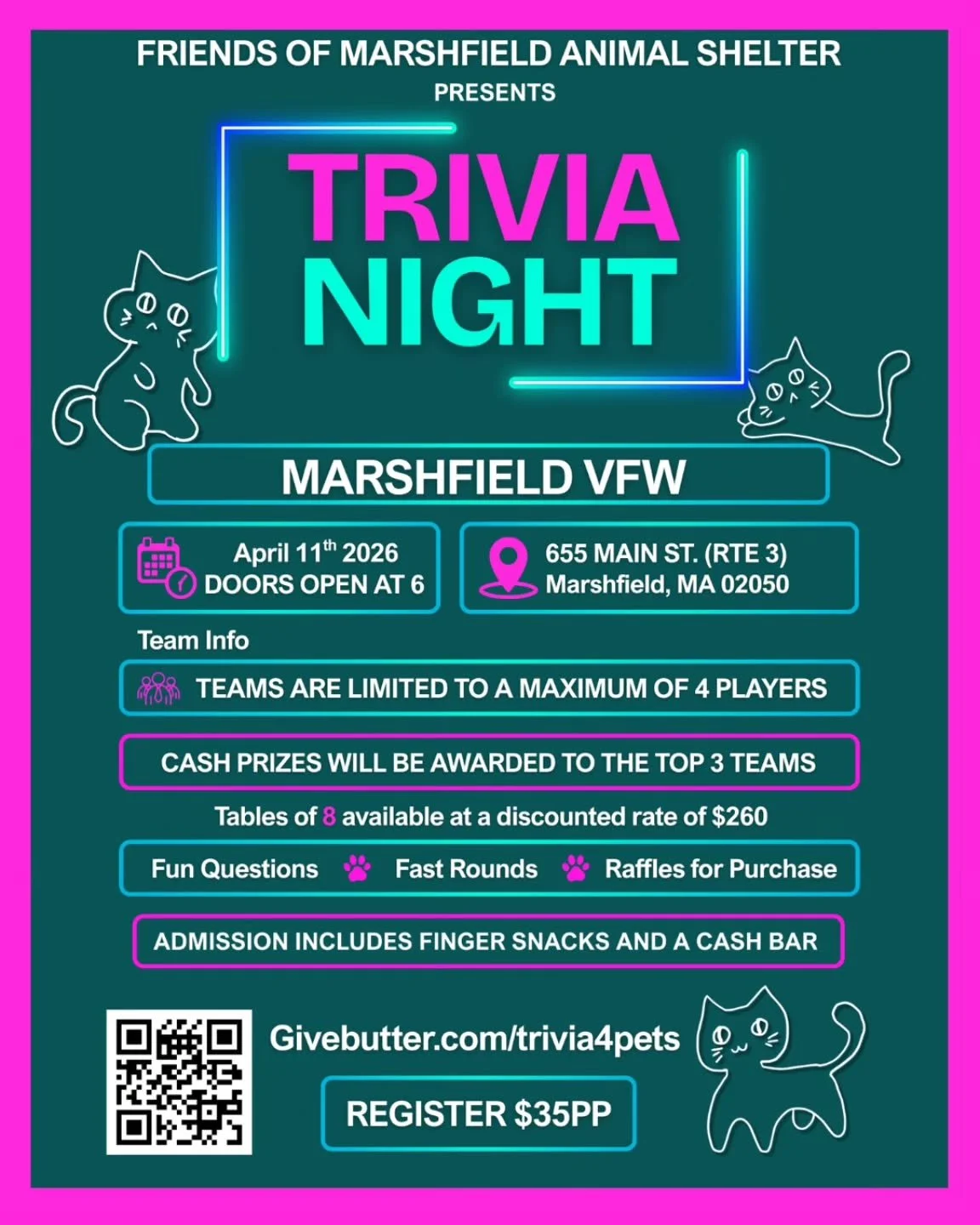 Tickets only sold in advance. givebutter.com/ trivia4pets 
Trivia host Mike Falco.
Catering by The Marsh. Team prizes 
First place $100, second place $60, third place $40.