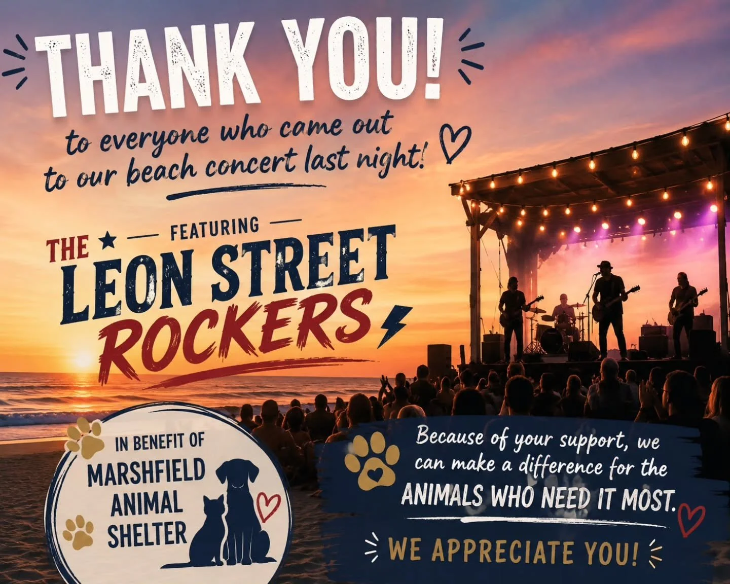 It was a fun night with beautiful weather for the concert. With your support we raised $634 for homeless and other pets needing help.