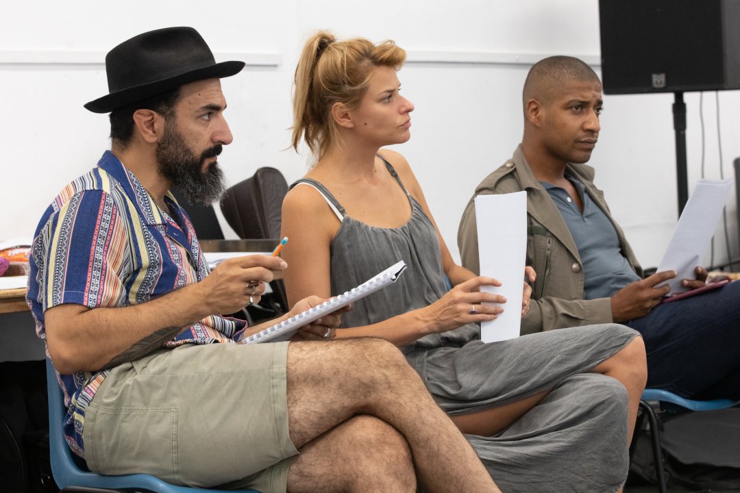 Marouf, Georgina and Lahcen in rehearsals, 2022. Photo credit: Ali Wright