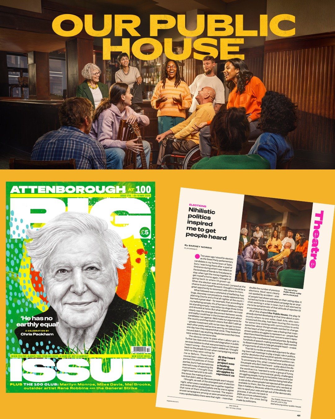 Dive into this week&rsquo;s issue of @bigissueuk for a brilliant interview with Our Public House writer Barney.

Discover the inspiration behind the play as well as what it was really like running as a Green Party candidate in the last election!