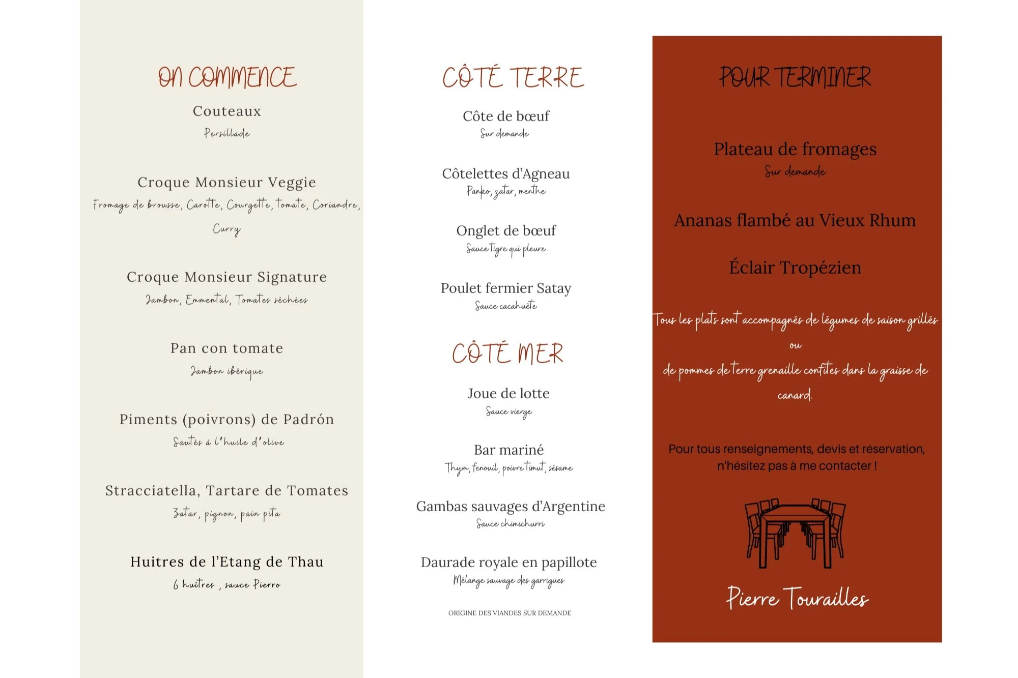 Le menu du diner à domicile servi par un chef de talent dans votre gite de charme près de Quissac et Anduze