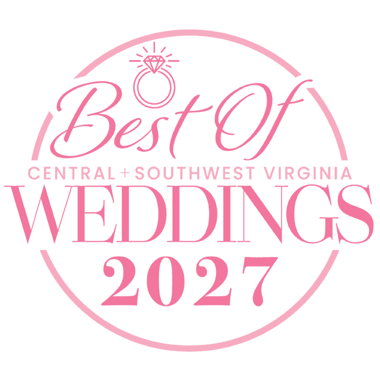 Pink circular logo with a diamond ring icon and the text "Best Of Central + Southwest Virginia Weddings 2027" on a black background.