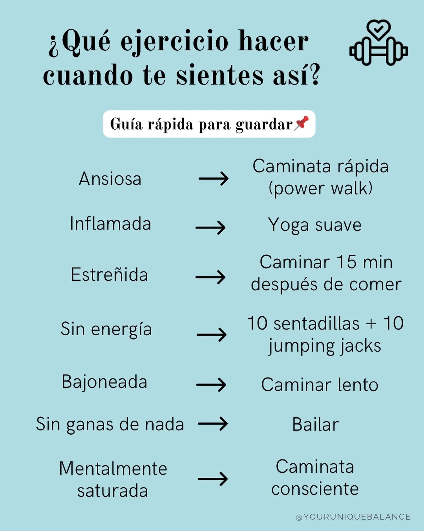 Guarda este post para que siempre lo tengas a la mano y comp&aacute;rtelo 📌✨

Estos son ejercicios simples (pero MUY efectivos) para hacer seg&uacute;n c&oacute;mo te sientes ese d&iacute;a: ansiedad, inflamaci&oacute;n, estre&ntilde;imiento, cansan