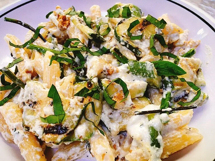 Penne with Grilled Zucchini & Garlic Scapes, Ricotta, and Walnuts
