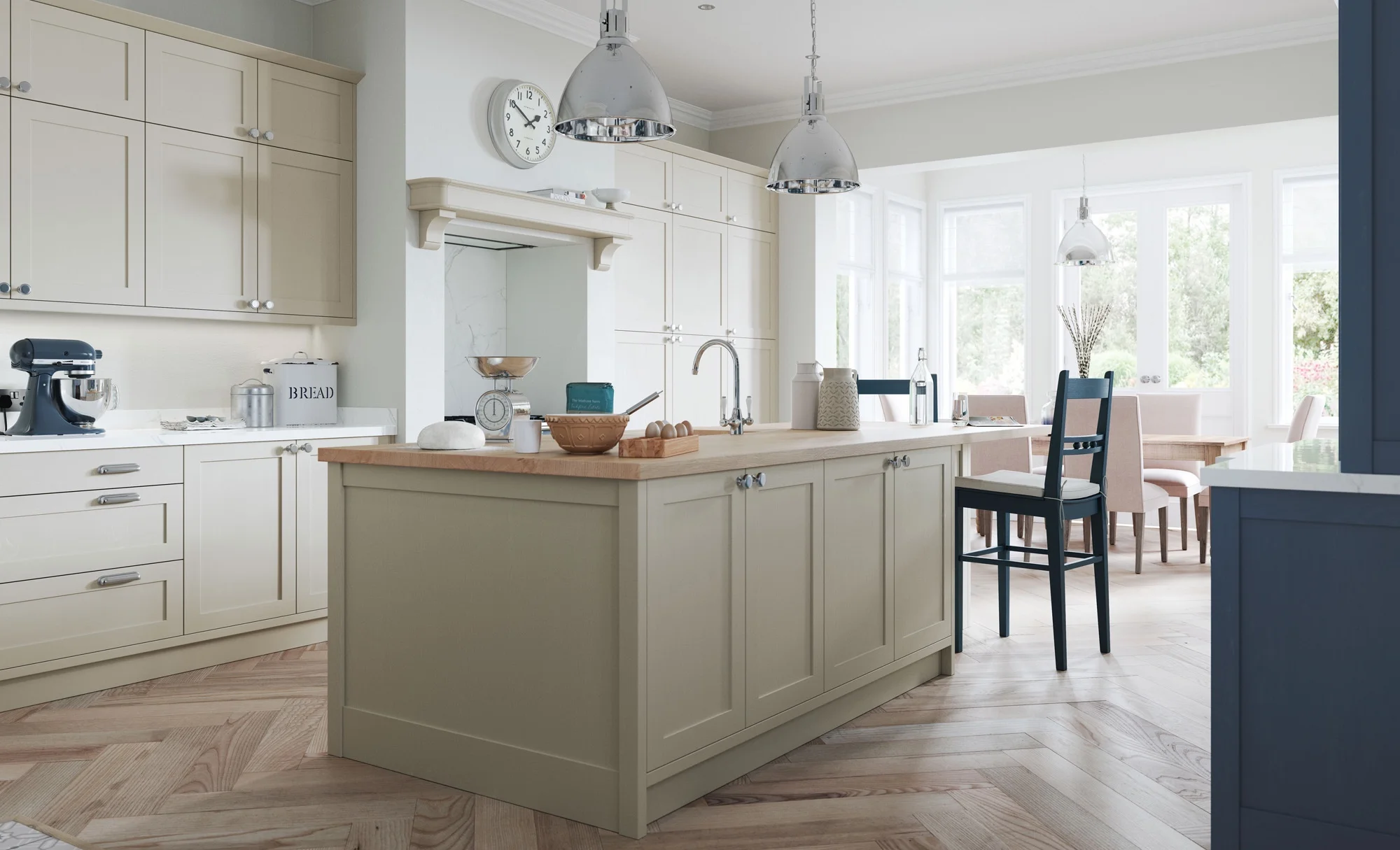 Aldana Shaker Kitchen Solid Ash doors with skinny shaker styling, wood grain is visible with a painted finish. Available in Express stock colours from 5-7 day delivery for doors and panels, or painted to order 4-6 weeks.