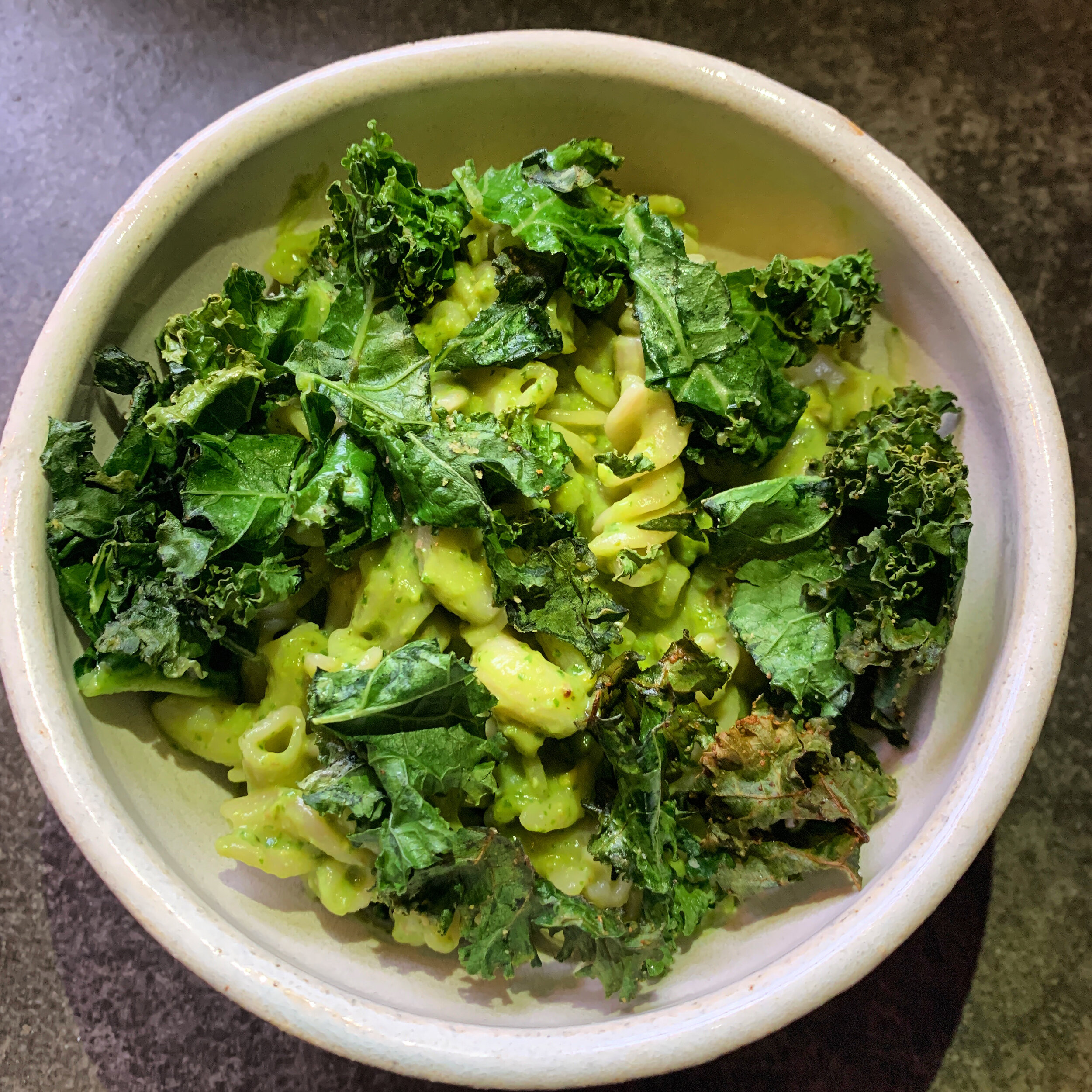 Creamy Avocado Pesto Pasta (Gluten-free) with Crispy Kale