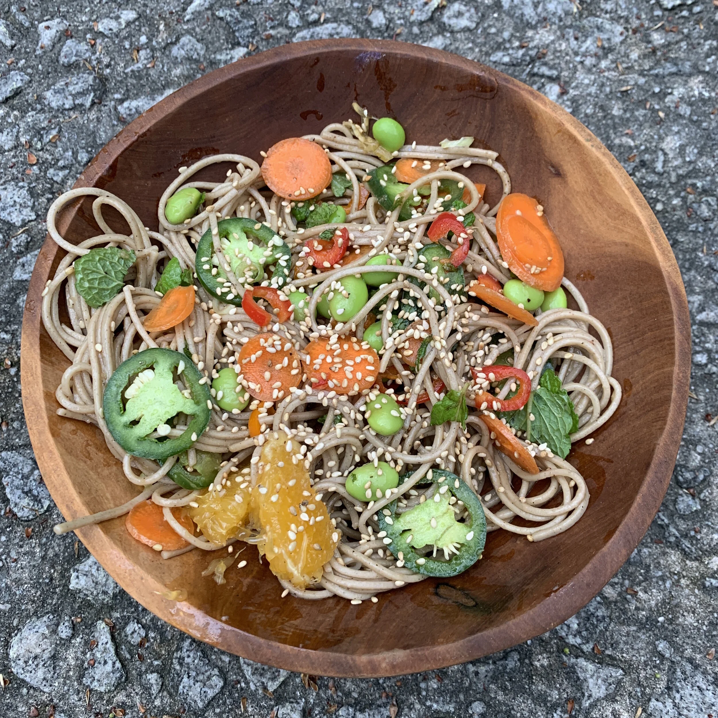 Cold Ginger Noodle Salad with Mint, Edamame, and Orange