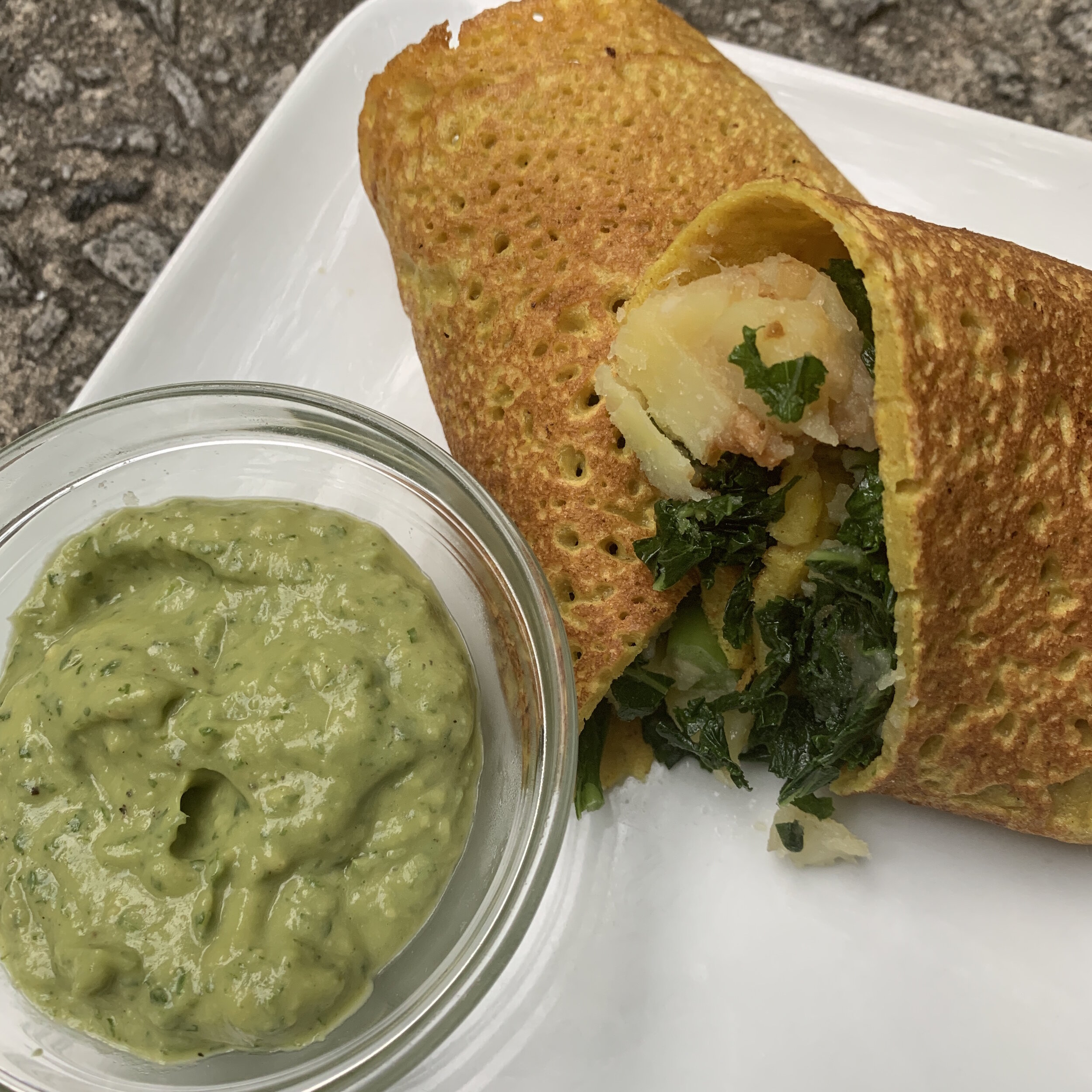 Moong Dal Rice Dosas with Potatoes &amp; Kale &amp; Mint Chutney