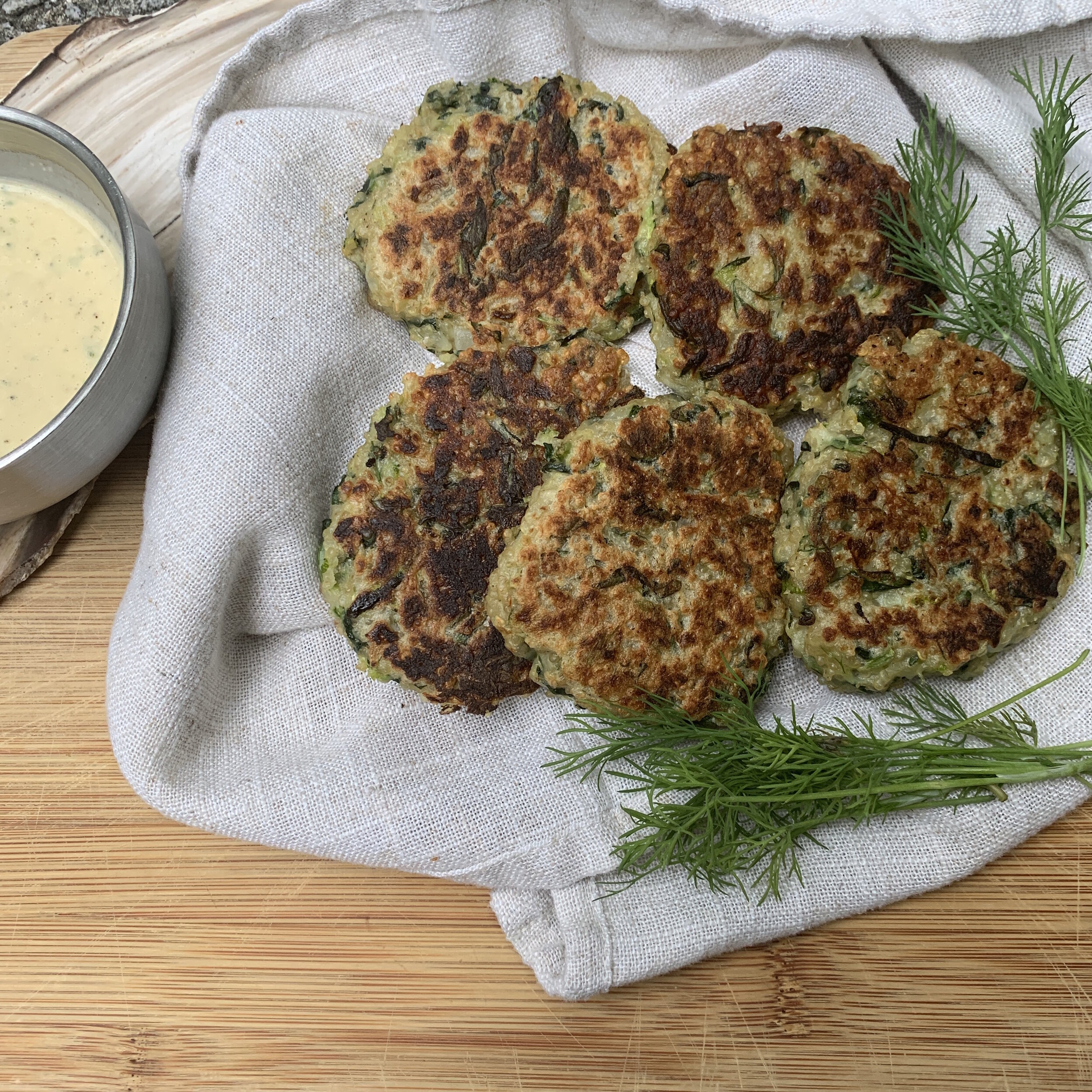 Zucchini Fritters with Garlic Dill Sauce