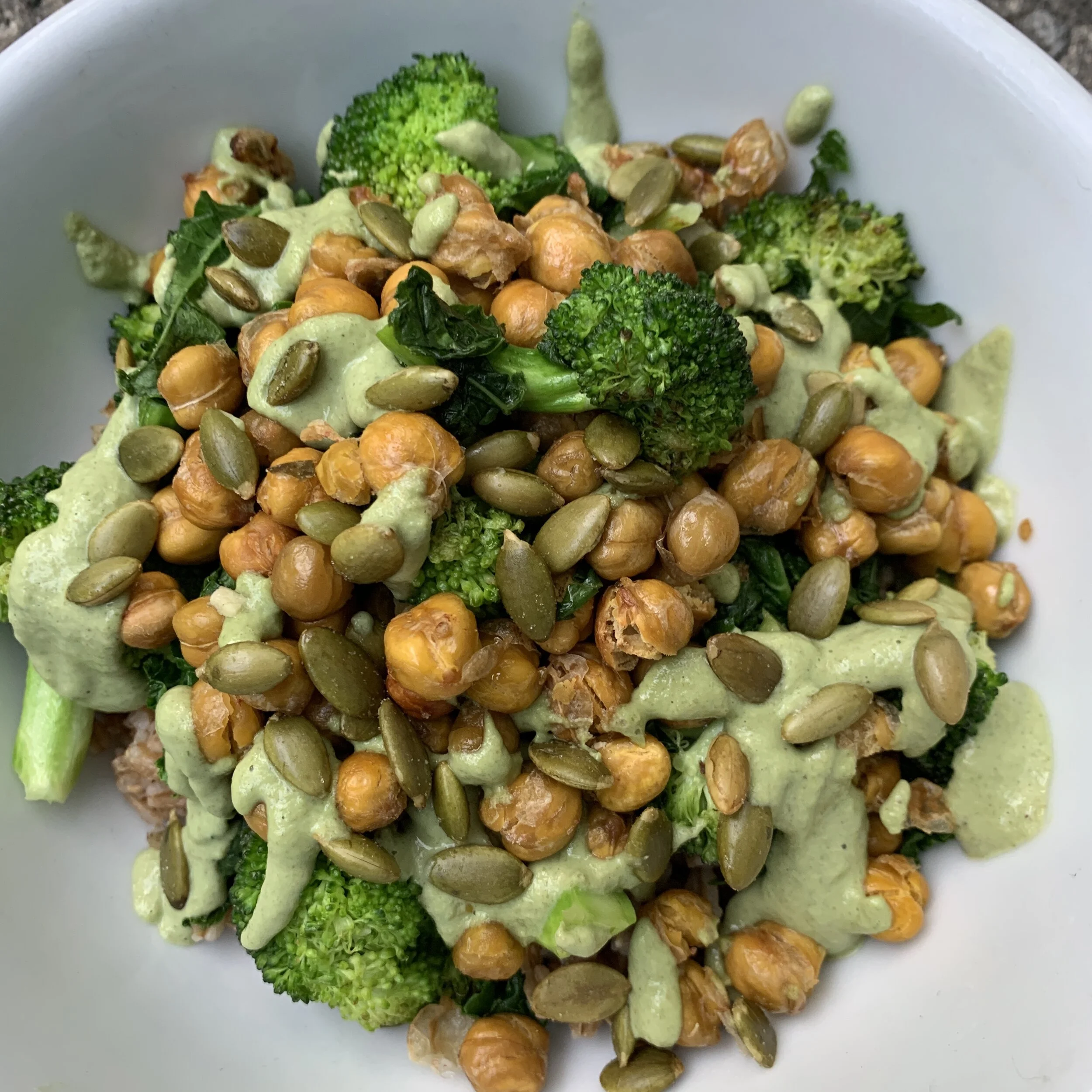 Green Goddess Bowl with Farro, Roasted Chickpeas, &amp; Pepita Lime Sauce
