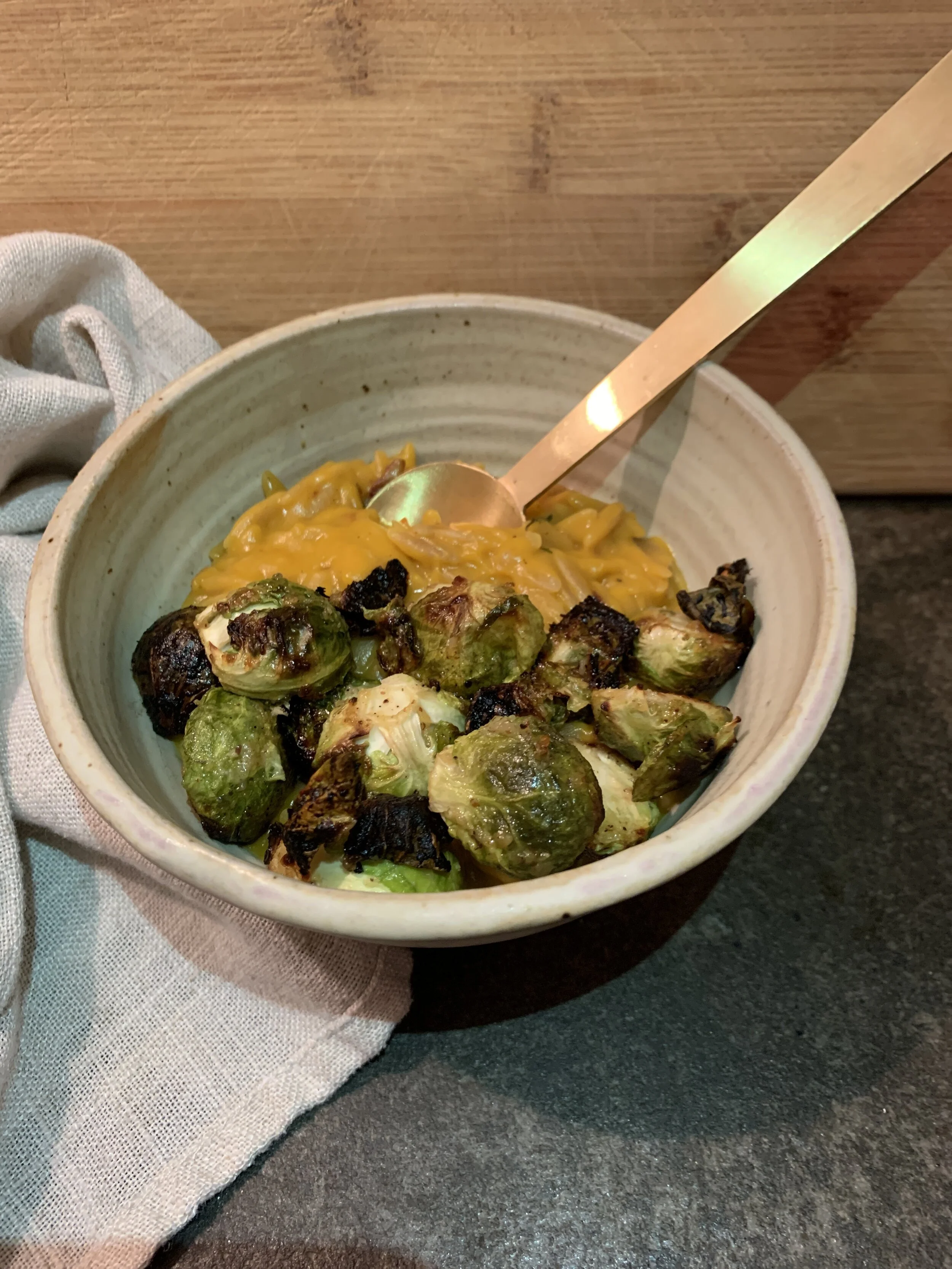 Creamy Butternut Orzo With Crispy Miso Mustard Brussel Sprouts