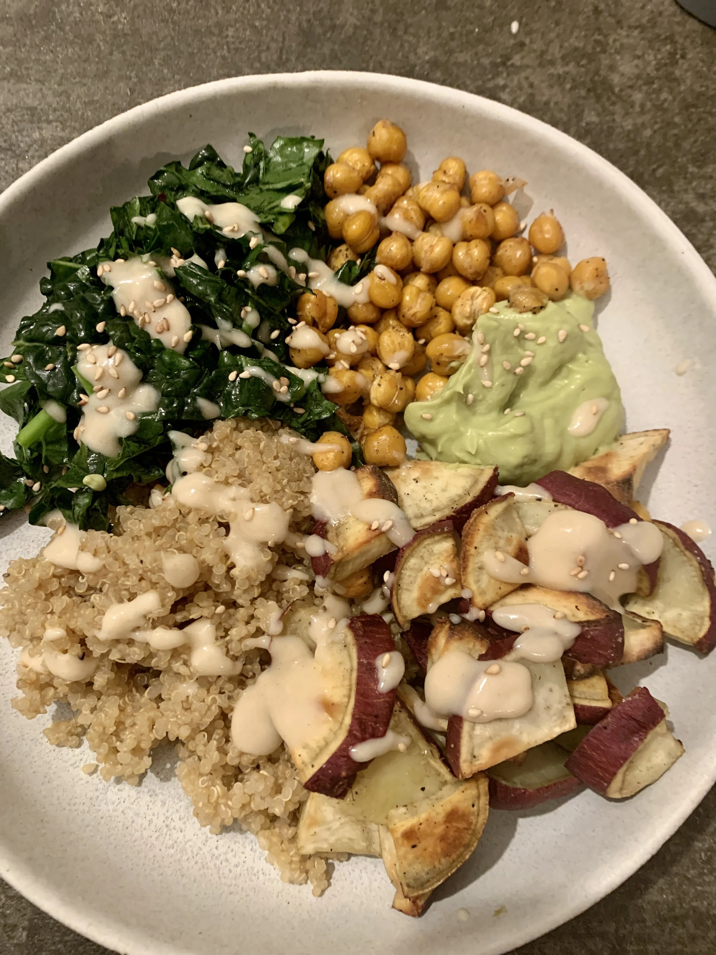 Grain Bowl with Roasted Sweet Potatoes and Lemon Tahini Dressing