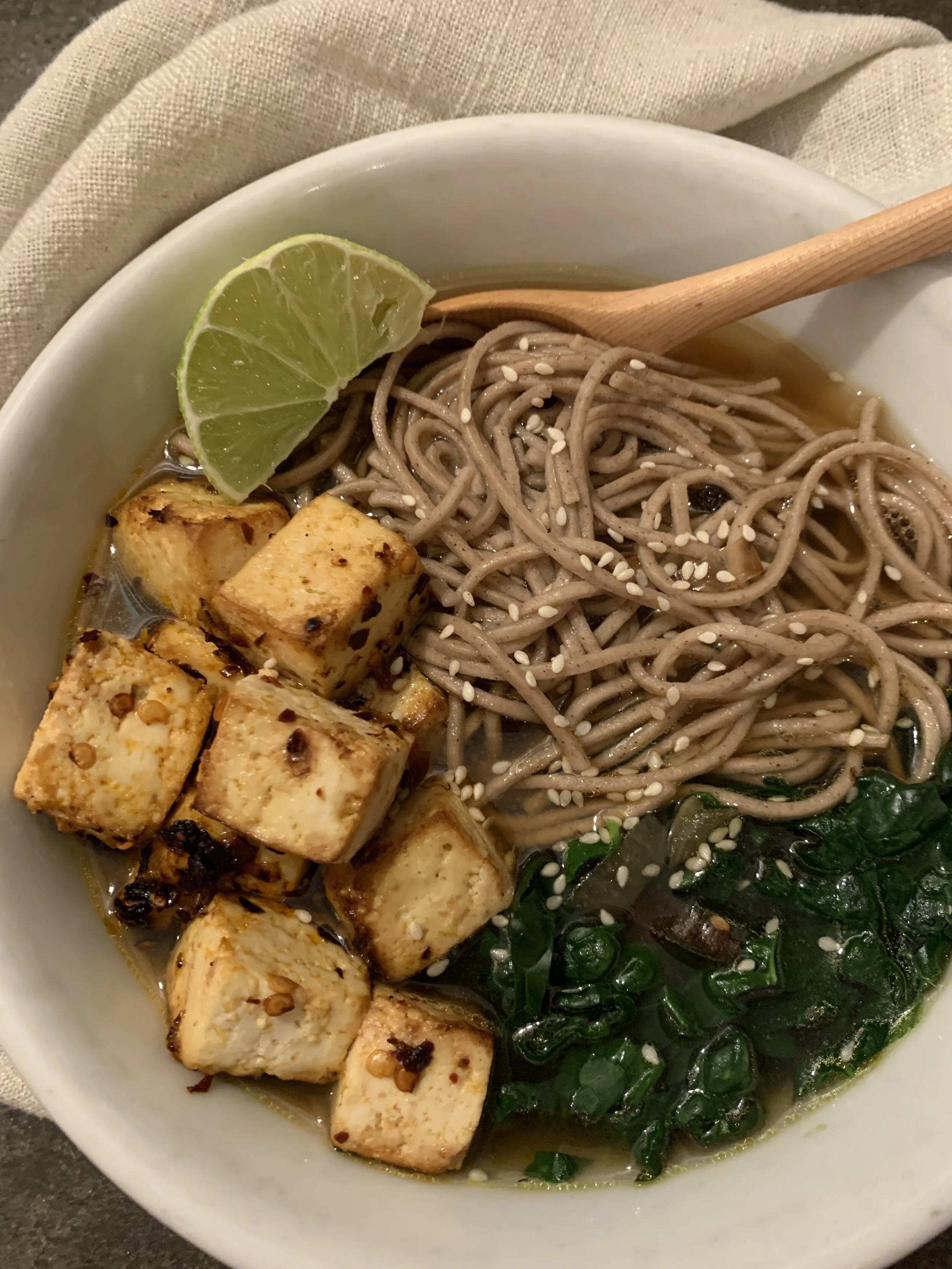 Garlic Pepper Soba with Chili Roasted Tofu