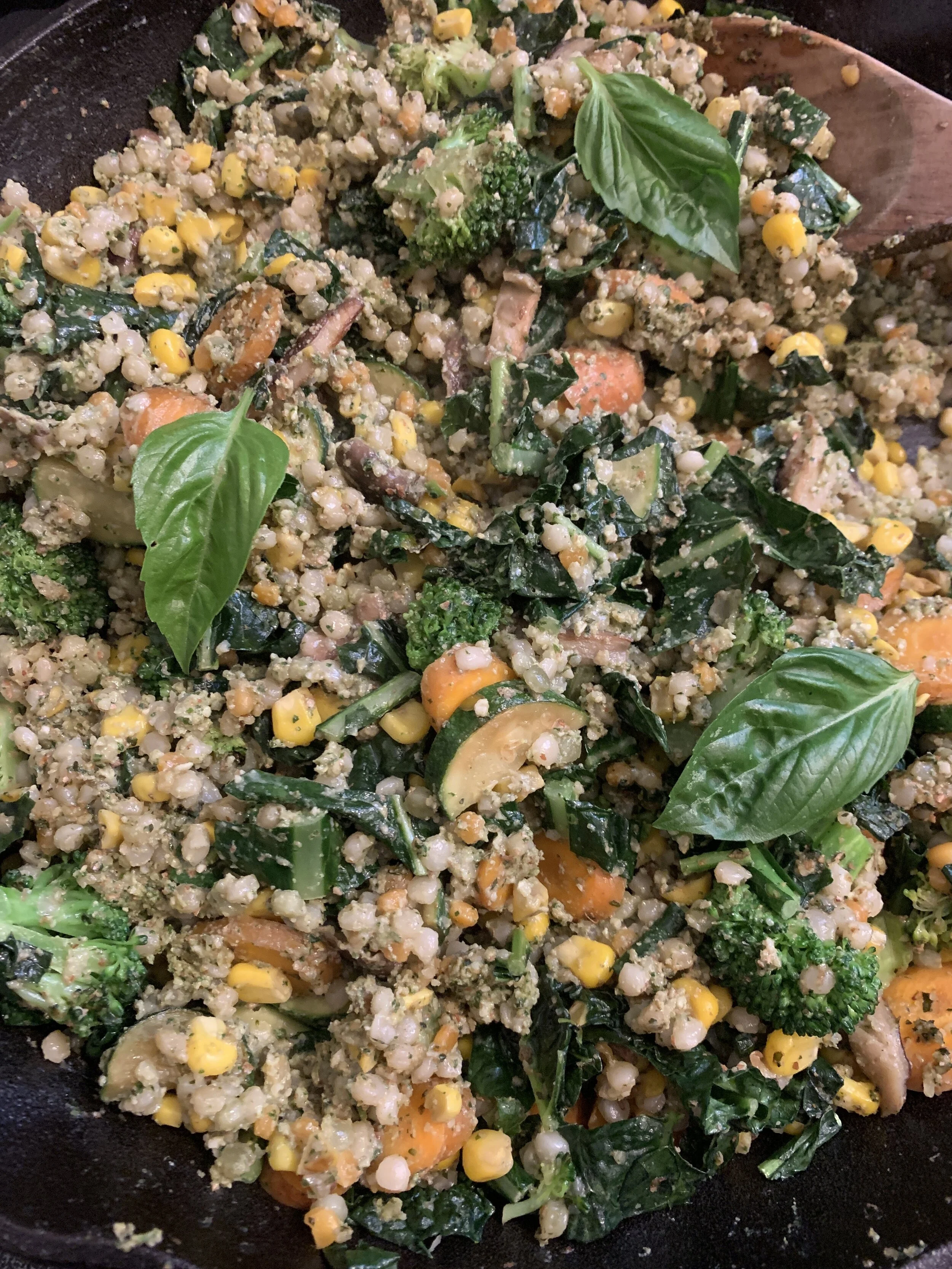 Sauteed Summer Veggies &amp; Tri-colored Couscous with Oil Free Basil Pesto