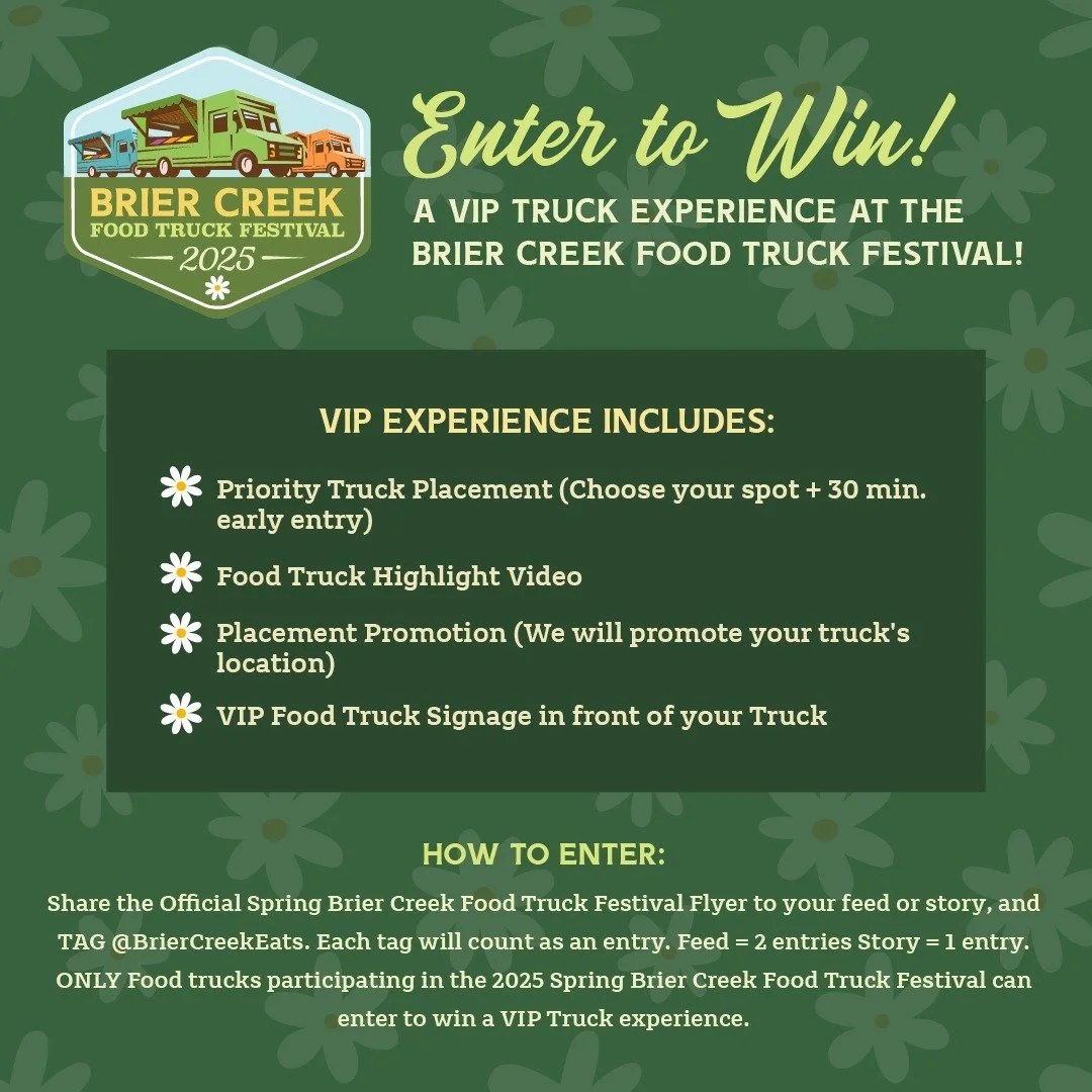 Calling all of our Brier Creek Spring Food Truck Festival Trucks... it's VIP Truck time! 

Time to pick your spot!

And if you are planning on visiting the Brier Creek Spring Food Truck Festival, just go ahead and go on over to www.briercreekeats.com