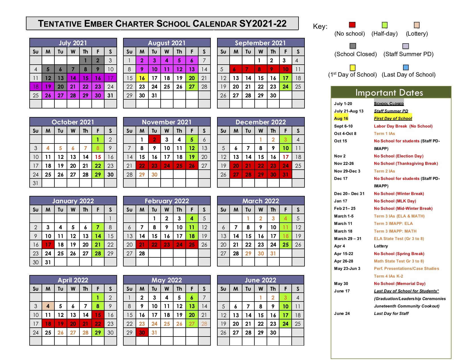 Calendar Ember Charter Schools