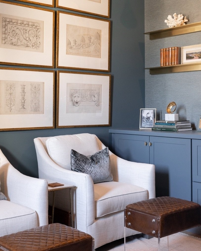 Love the way the accents in this room pop against the moody blue backdrop in this family office space! 

#ashleyayerinteriors #shoppeayer