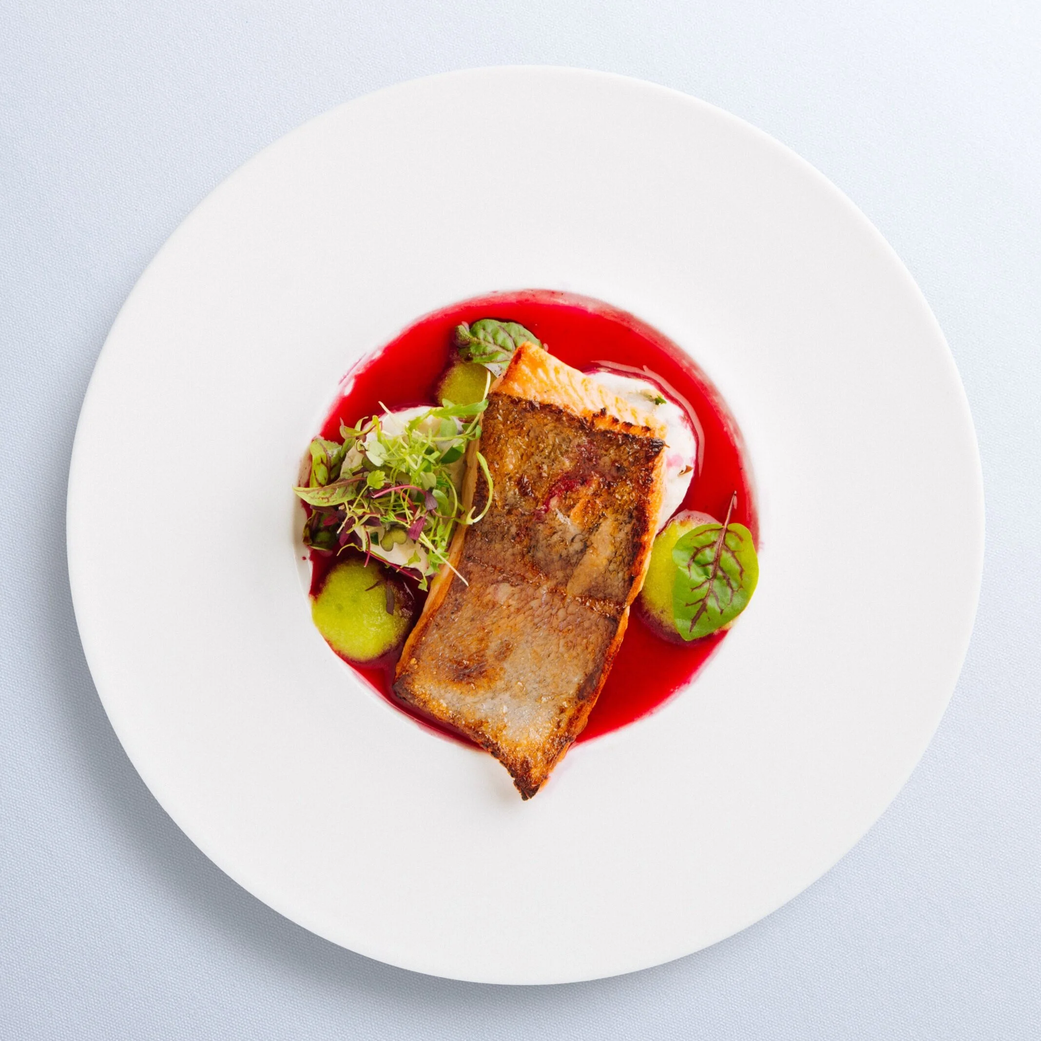 A Restaurant entrée of Pan-roasted Trout, Potato Purée, Beetroot Sauce, and Apple-Celery Foam