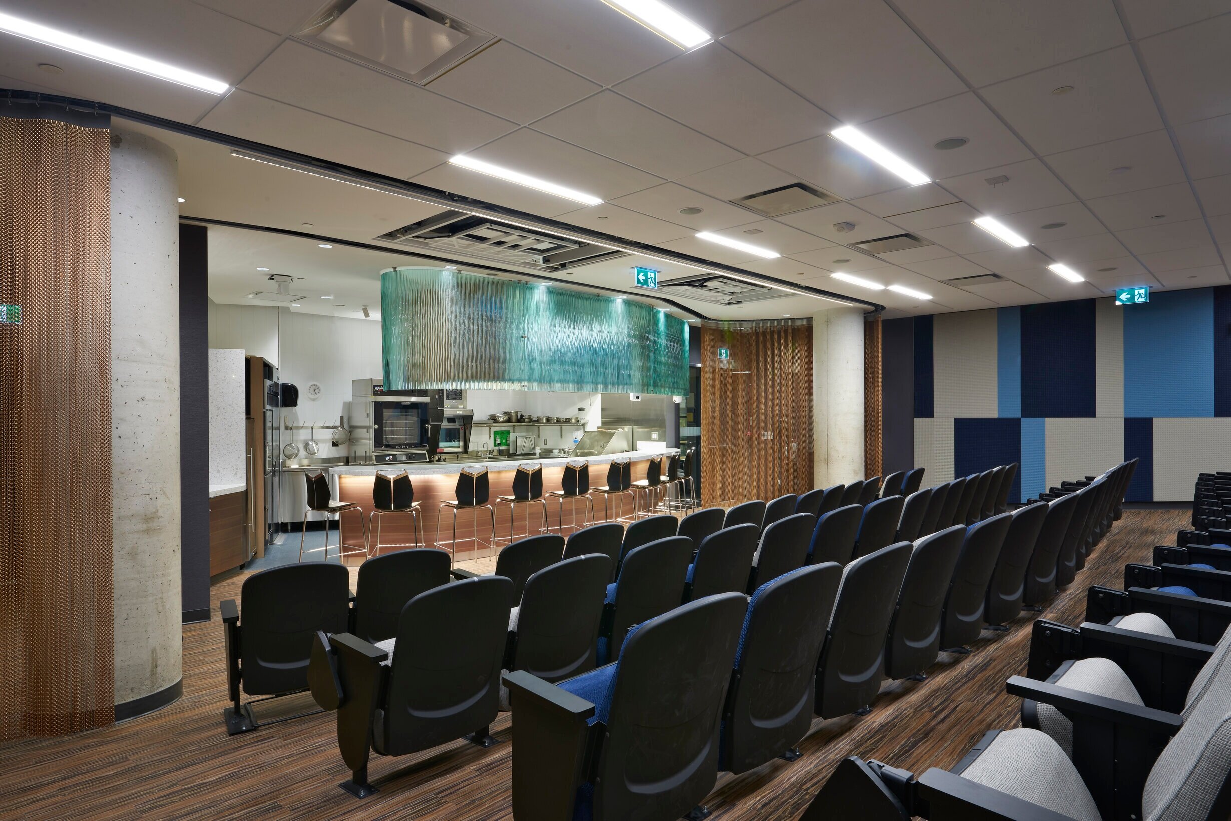 Side view of the Culinary Demonstration Theatre at the Centre for Hospitality &amp; Culinary Arts at George Brown College