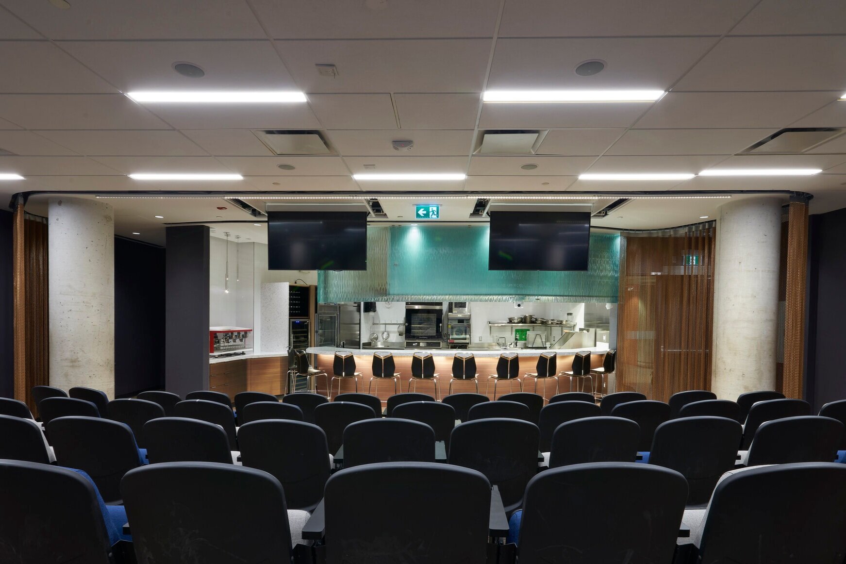 View from the seats in the Culinary Demonstration Theatre at the Centre for Hospitality & Culinary Arts at George Brown College