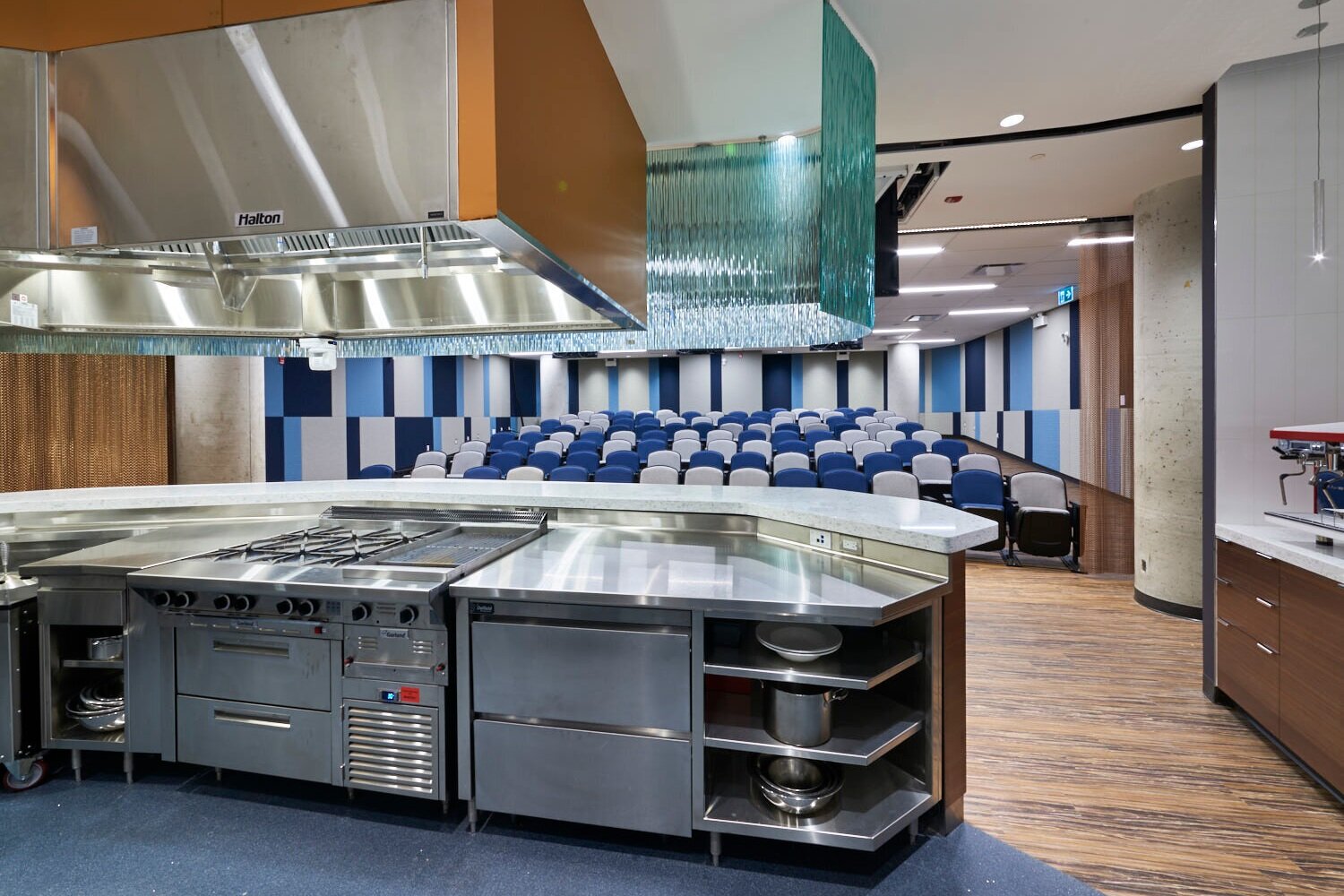 Alternate view of the kitchen in the Culinary Demonstration Theatre at the Centre for Hospitality &amp; Culinary Arts at George Brown College