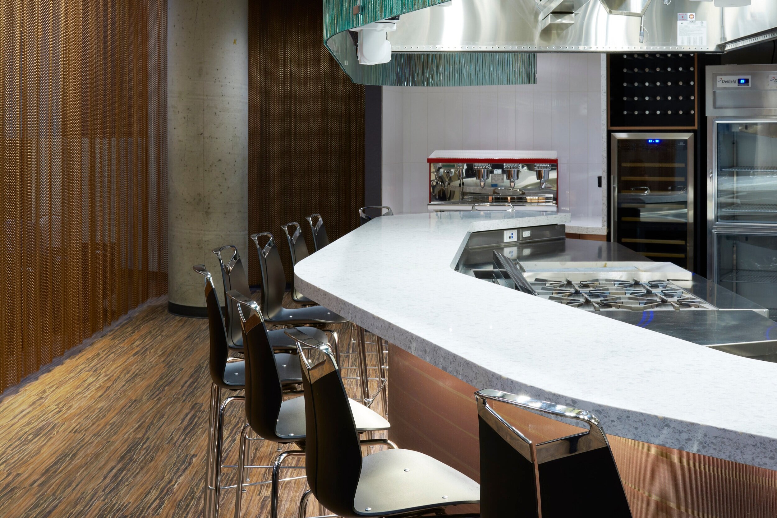 The chef's table in the Culinary Demonstration Theatre at the Centre for Hospitality &amp; Culinary Arts at George Brown College