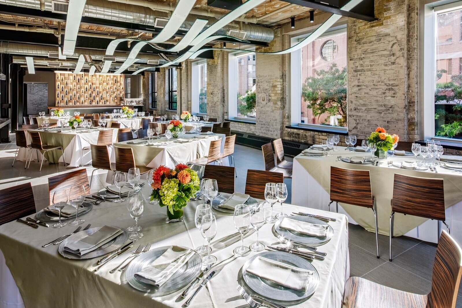 Alternate view of an Event Space setup banquet-style at the Centre for Hospitality & Culinary Arts at George Brown College