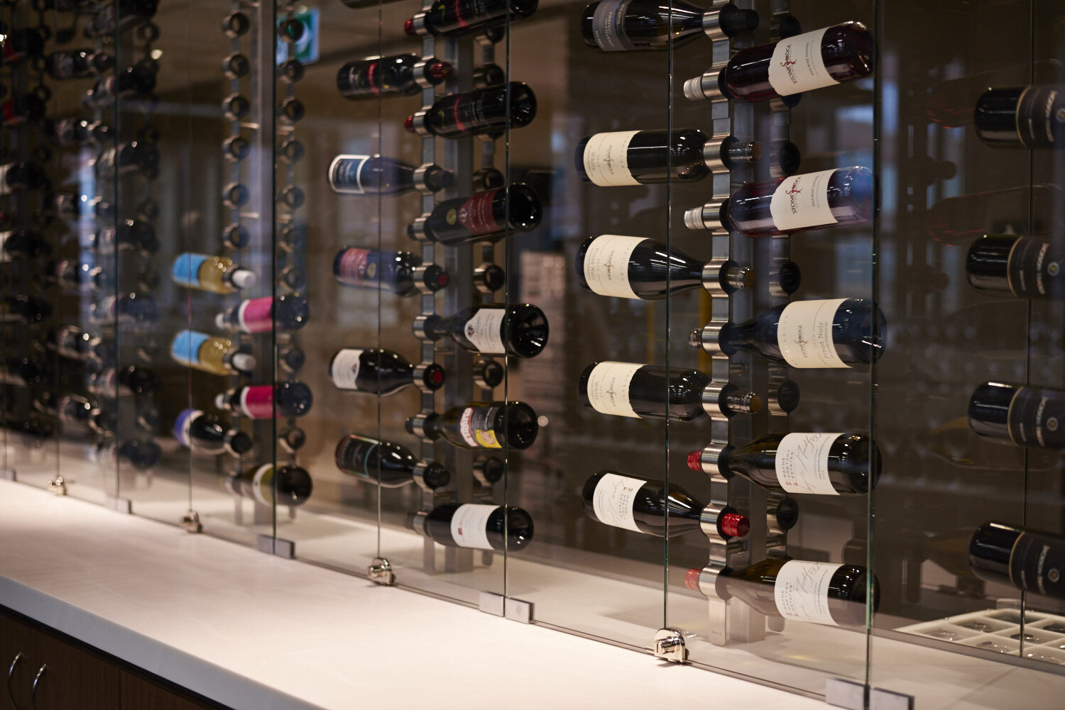The wine wall in the Food & Beverage Tasting Theatre at the Centre for Hospitality & Culinary Arts at George Brown College