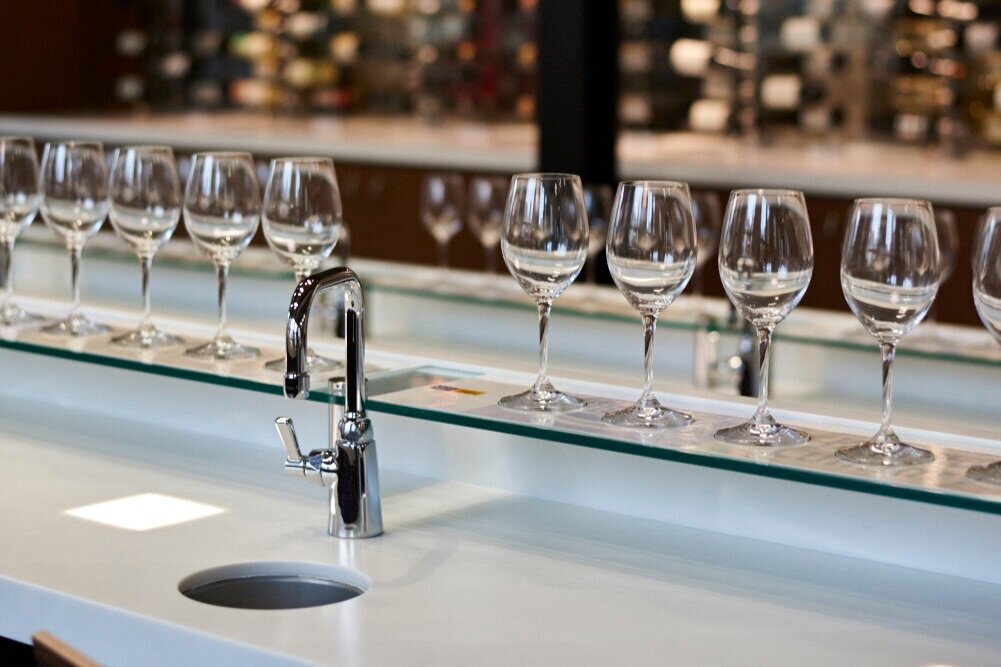 Close-up view of a tasting station in the Food &amp; Beverage Tasting Theatre at the Centre for Hospitality &amp; Culinary Arts at George Brown College