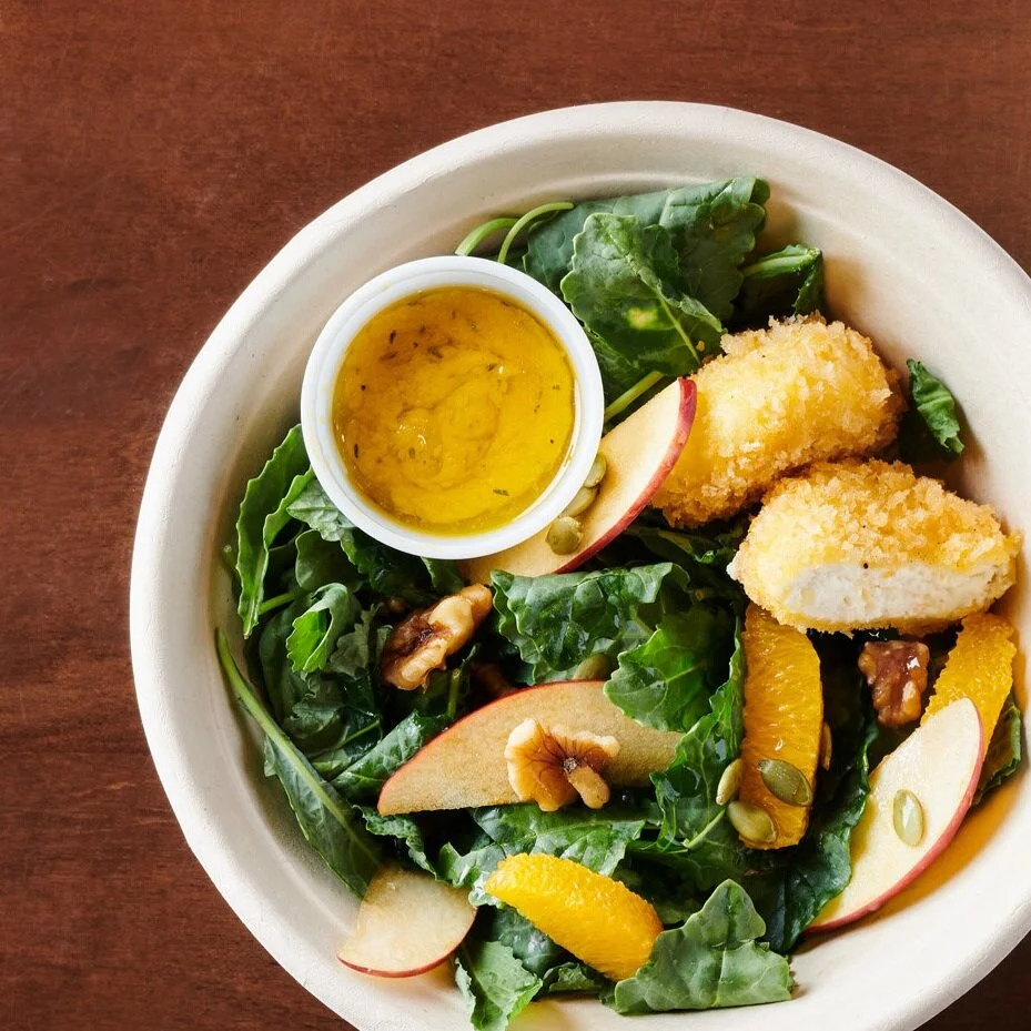 Café Salad of Fried Goat Cheese, Kale, Apple, Pumpkin Seeds, and Pecans