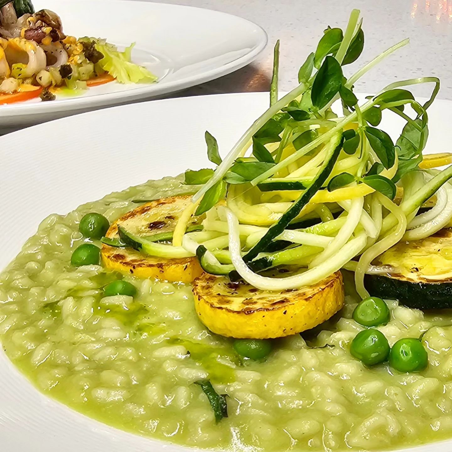 Risi e Bisi
~Peas &amp; Mint Risotto, Roasted Zucchini, Pea Shoots

A Student-Run Fine Dining Experience

Book your table at opentable.ca 
.
.
.
.
.
.
.
.
.
.
#thechefshouse #georgebrowncollege #gbcchca #chefschool #culinaryschool #finedining #finefo