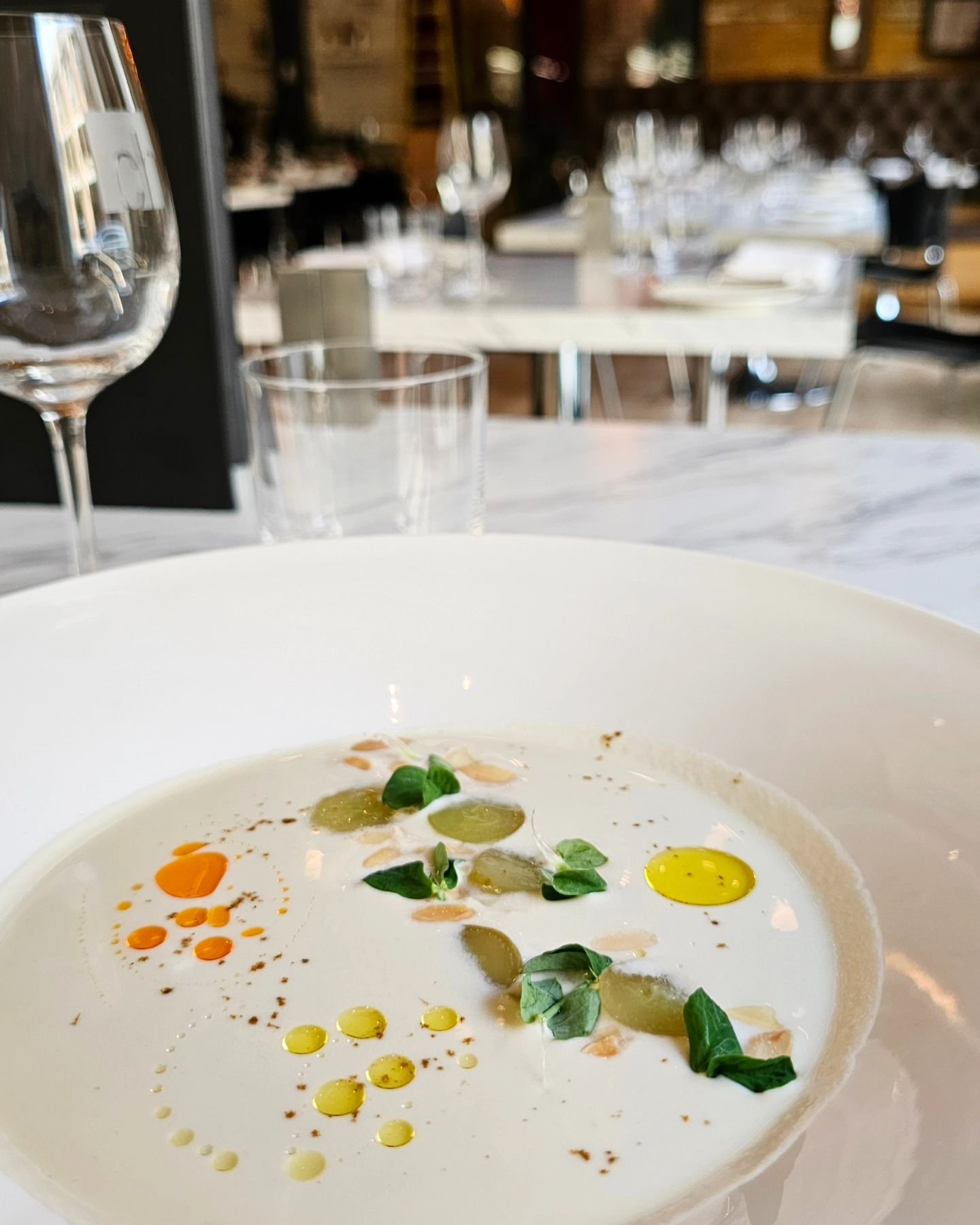 Ajo Blanco
~White Gazpacho, Spiced Almonds, Chili Oil, Grapes

Located in the heart of Old Town Toronto, the Chefs' House is the perfect place to try a unique, fine dining experience 

Book your reservation today at opentable.ca 
.
.
.
.
.
.
.
.
.
.

