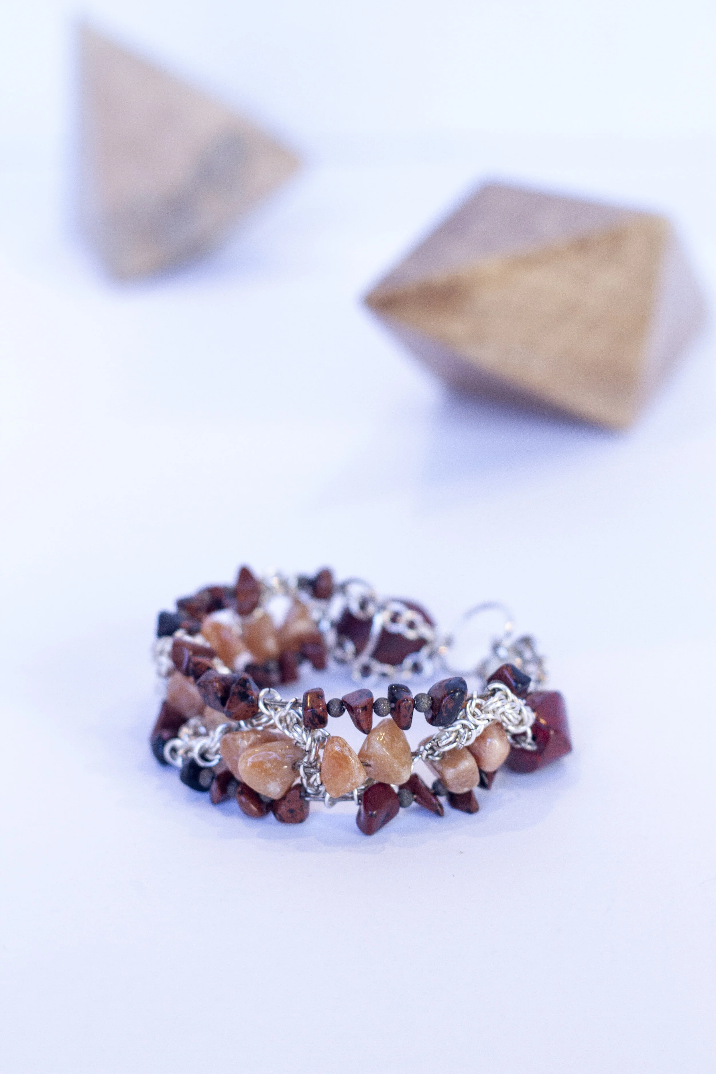 Burgundy and salmon colored stone chain bracelet