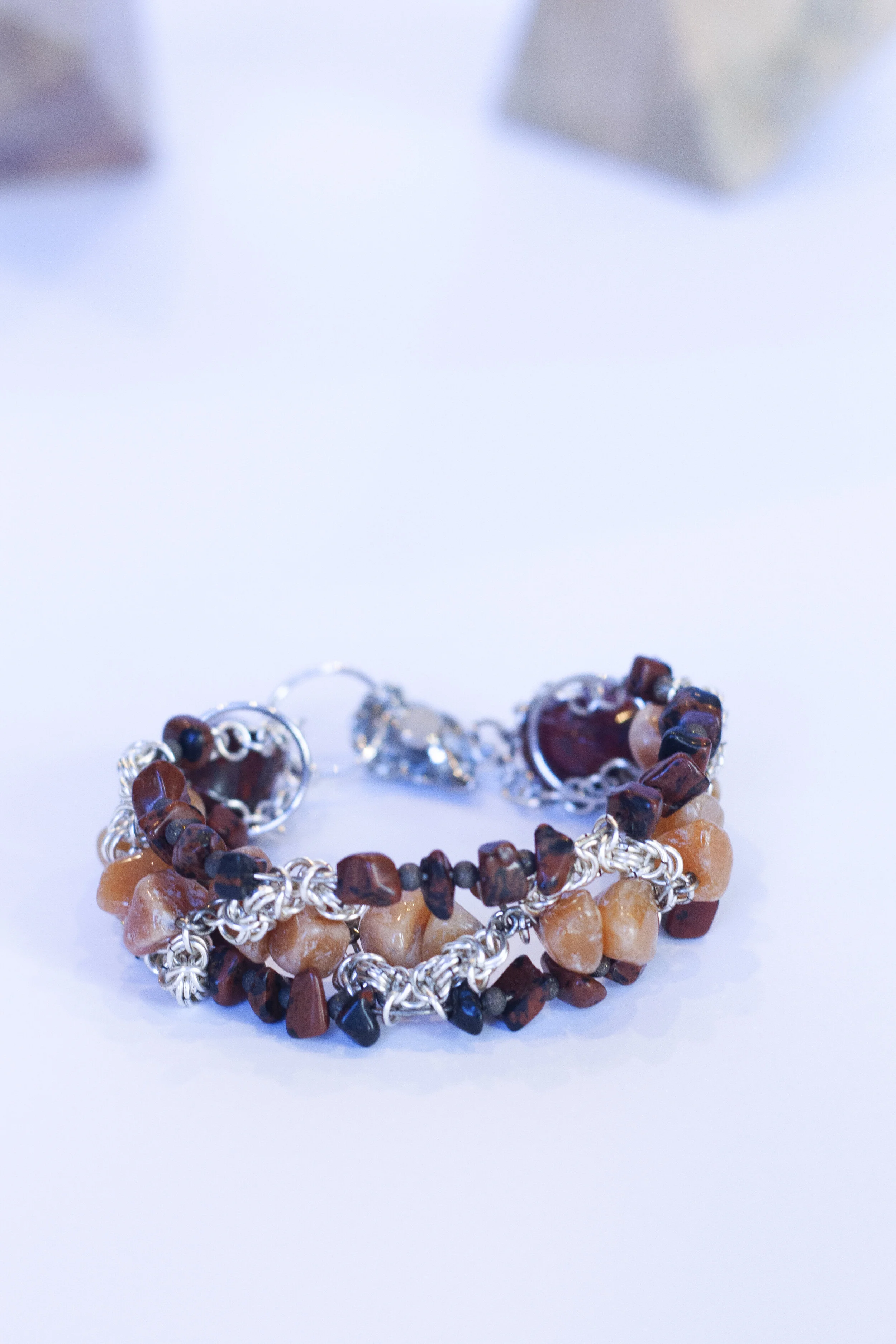 Burgundy and salmon colored stone chain bracelet