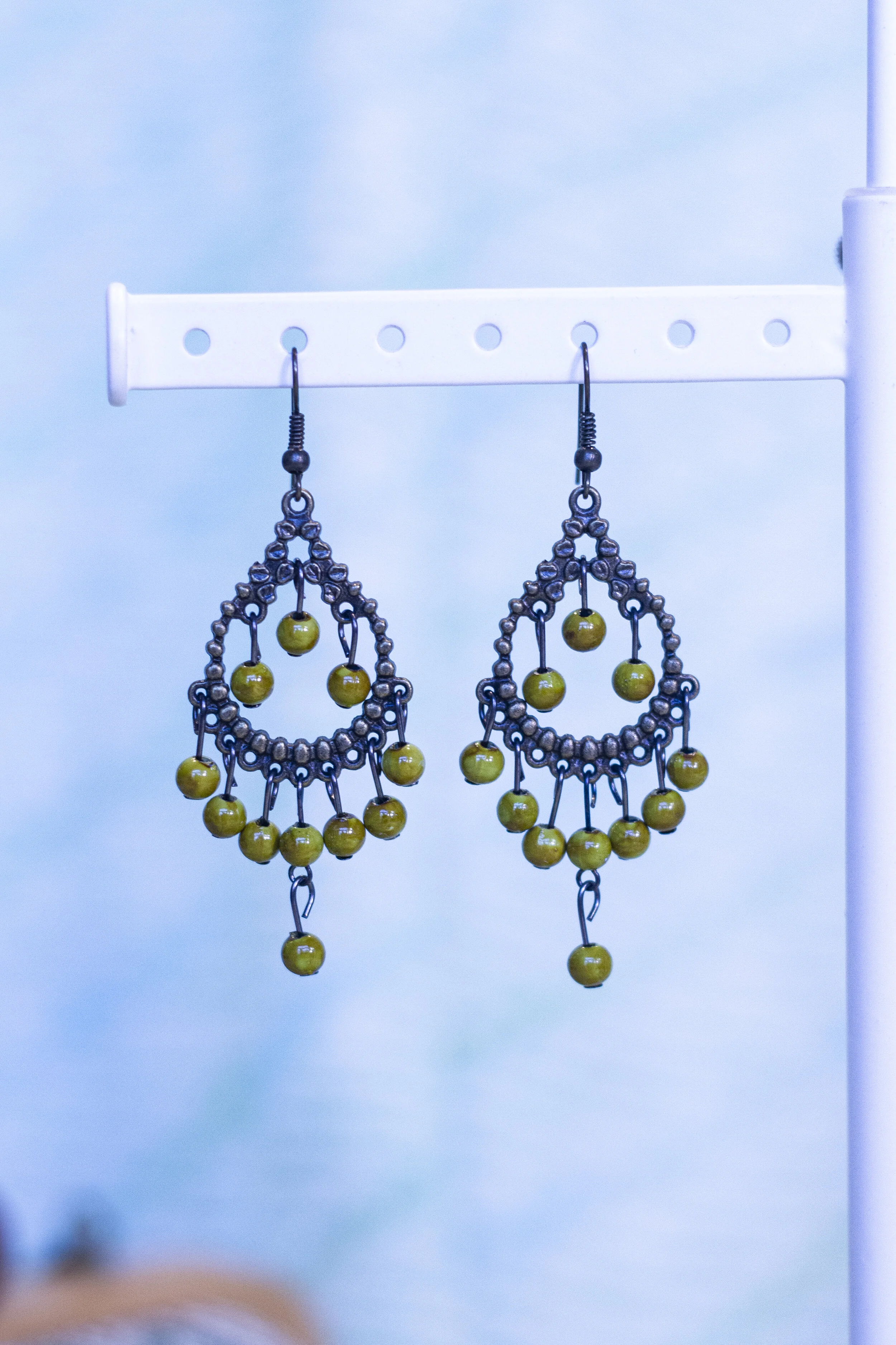 blue and green bead long olive tree earrings