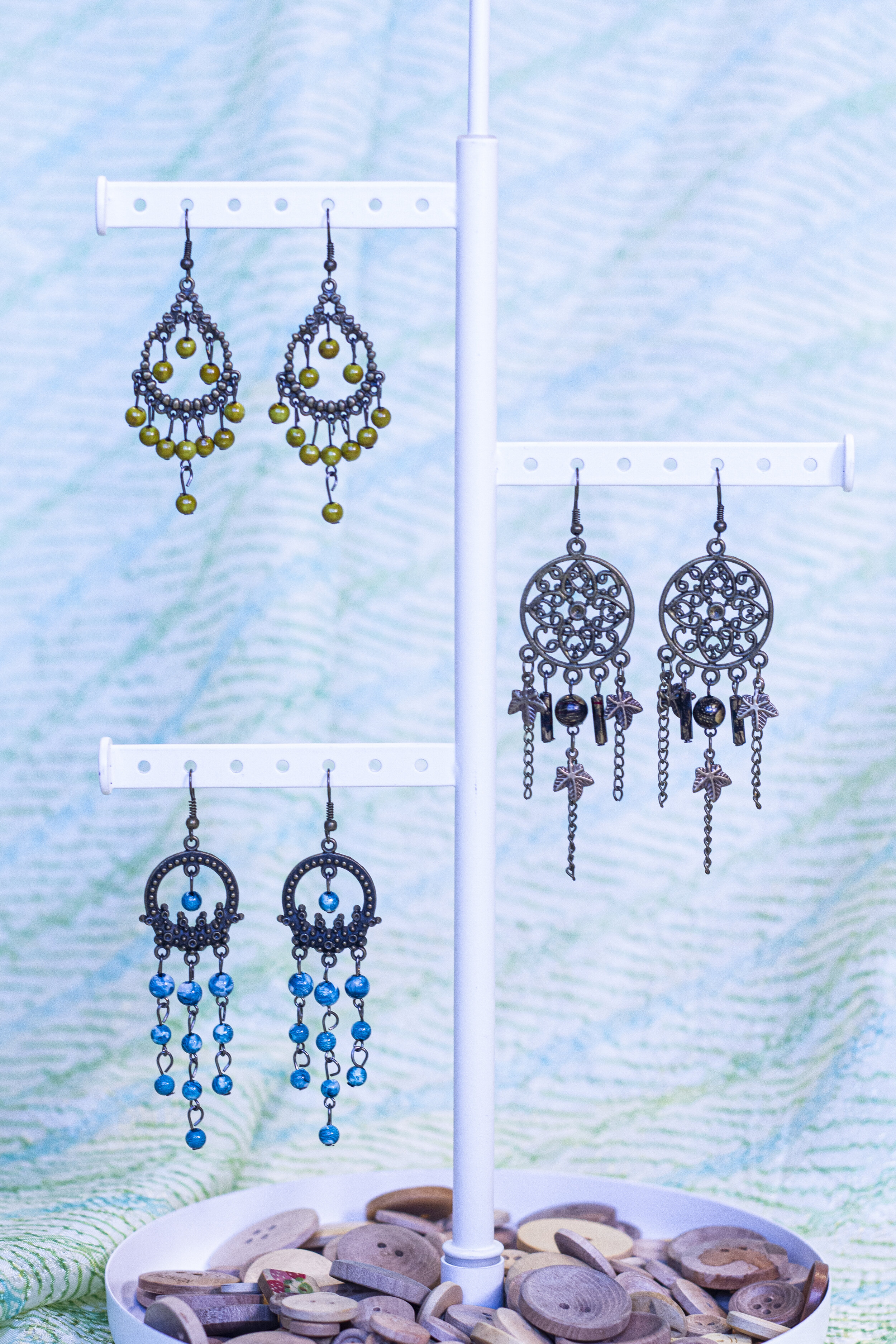 blue and green bead long olive tree earrings