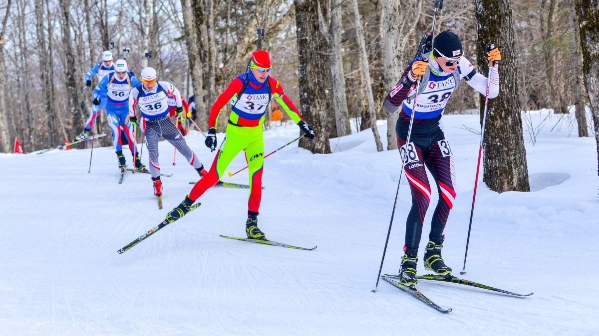 Skiers competing in the International Biathlon Union Youth-Junior World Championships.