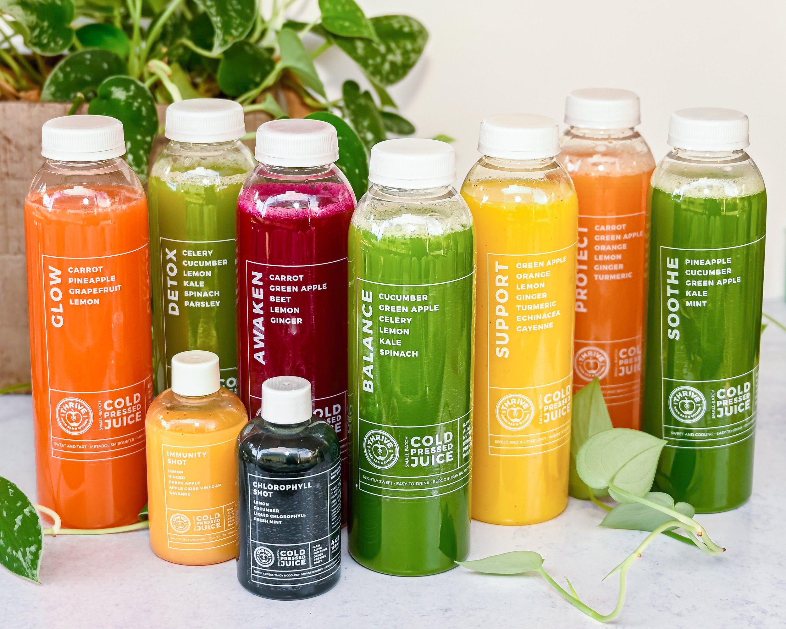 Thrive Juice Bar + Kitchen offers a wide selection of small-batch, cold-pressed juices and wellness shots (pressed daily!).