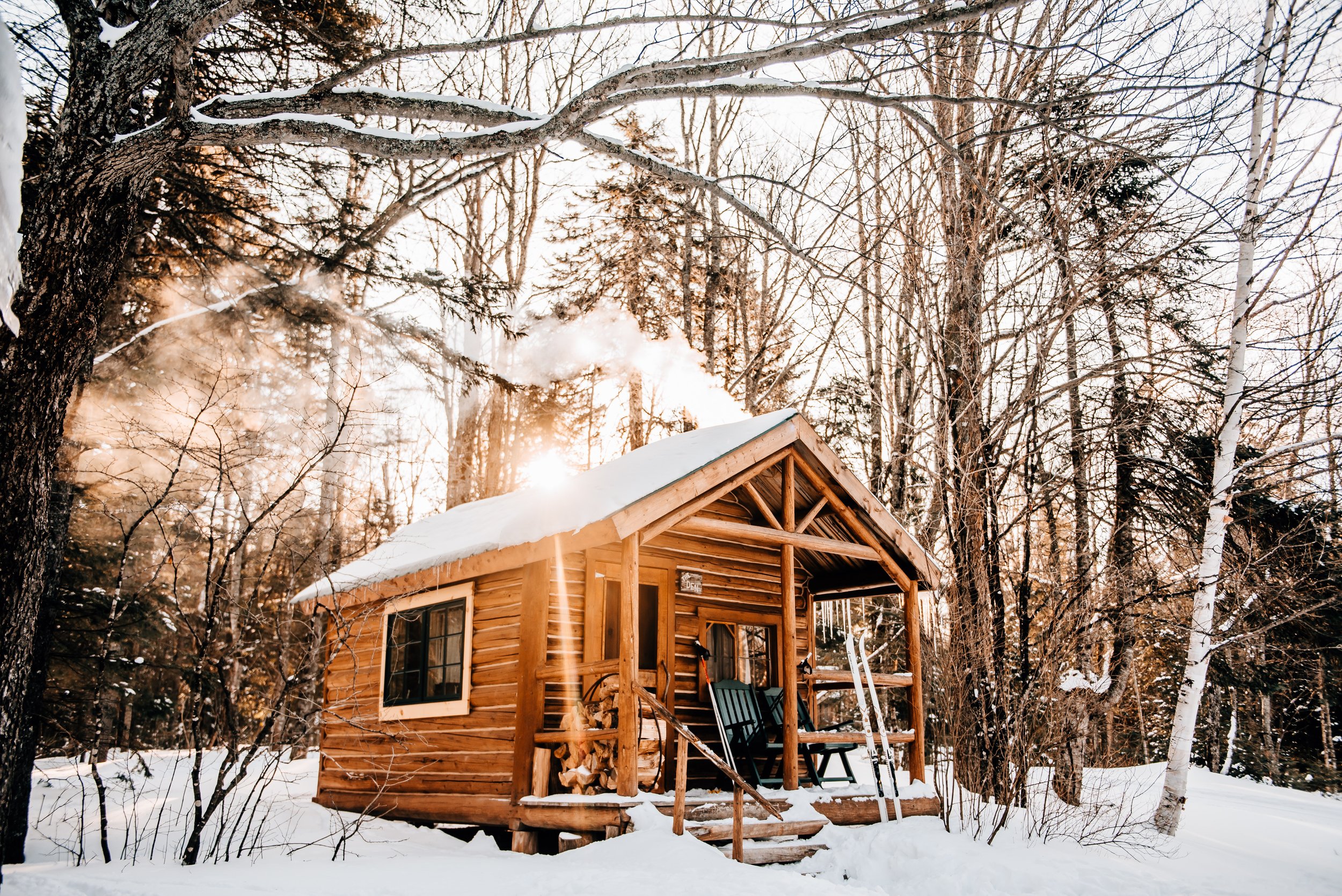Winter visitors to the AMC’s Gorman Chairback Lodge and Cabins can enjoy overnighting in rustic log cabins on pristine Long Pond. 