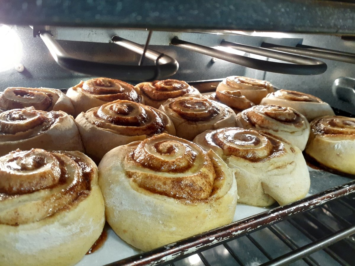 Cinnamon buns about to come out of the oven at Country Roots cafe in Presque Isle.
