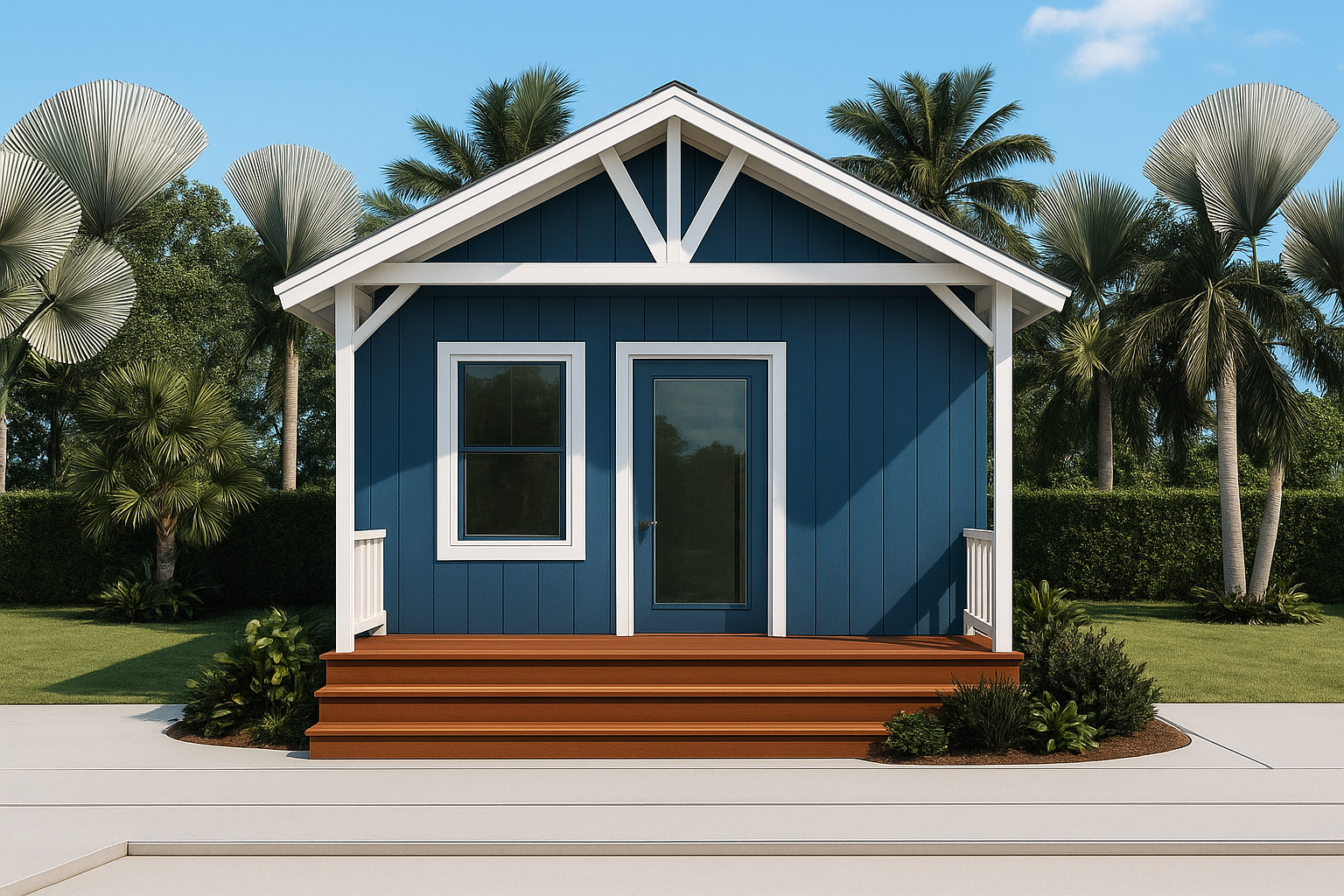 A small blue house with white trim and a wooden front porch, set against a background of tall palm trees and green foliage under a clear blue sky.